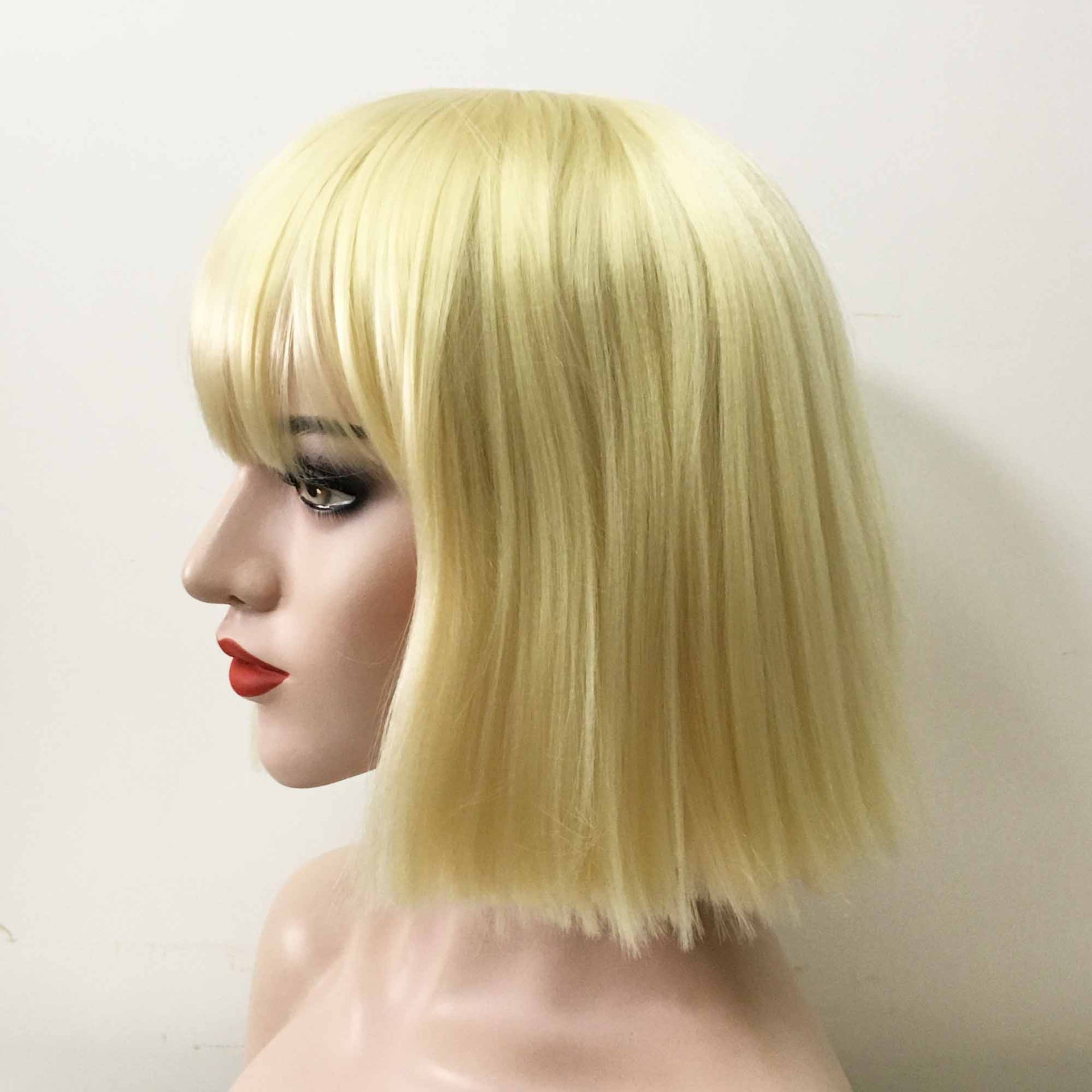 nevermindyrhead Women Blonde Short Straight Bob Yaki Fringe Bangs Wig