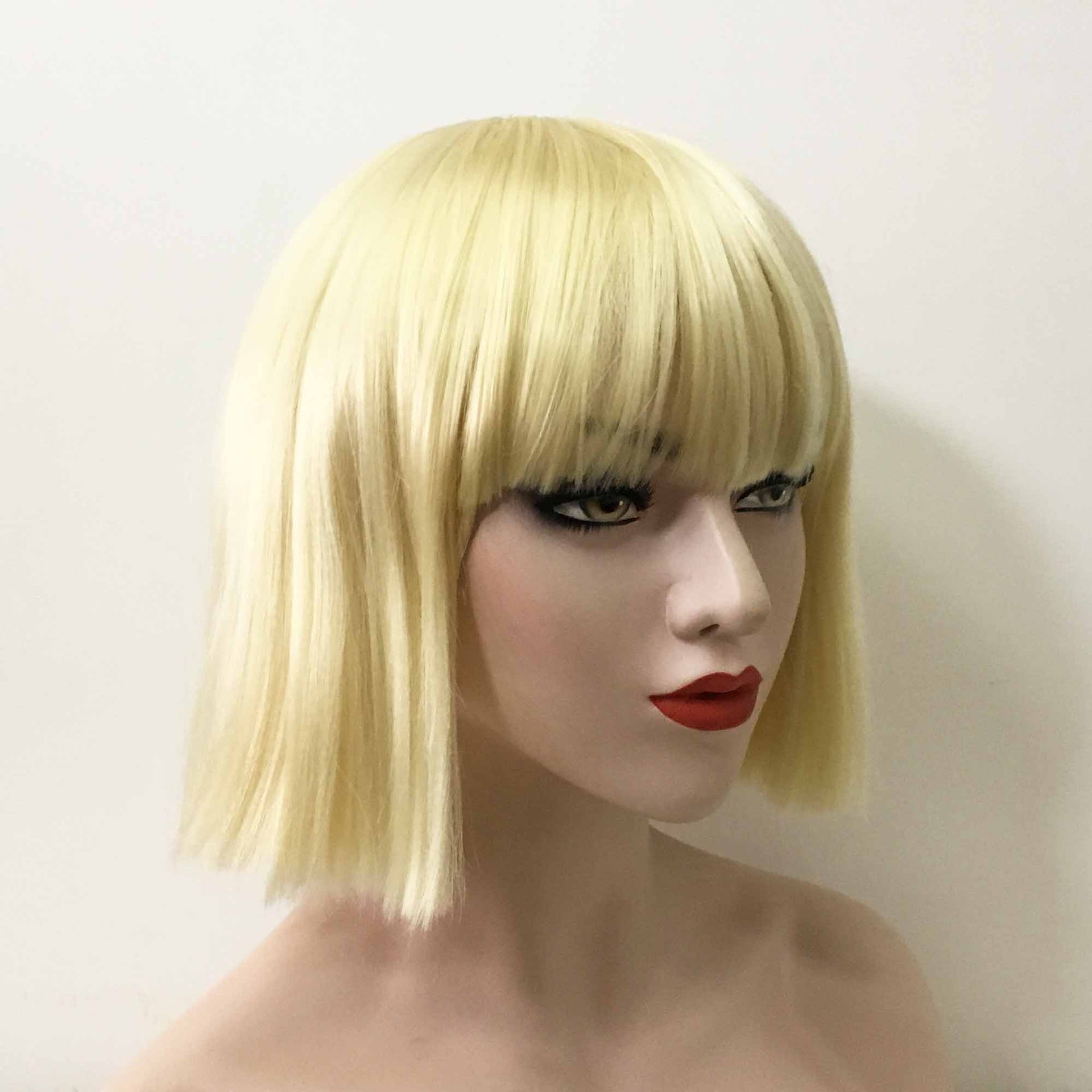 nevermindyrhead Women Blonde Short Straight Bob Yaki Fringe Bangs Wig