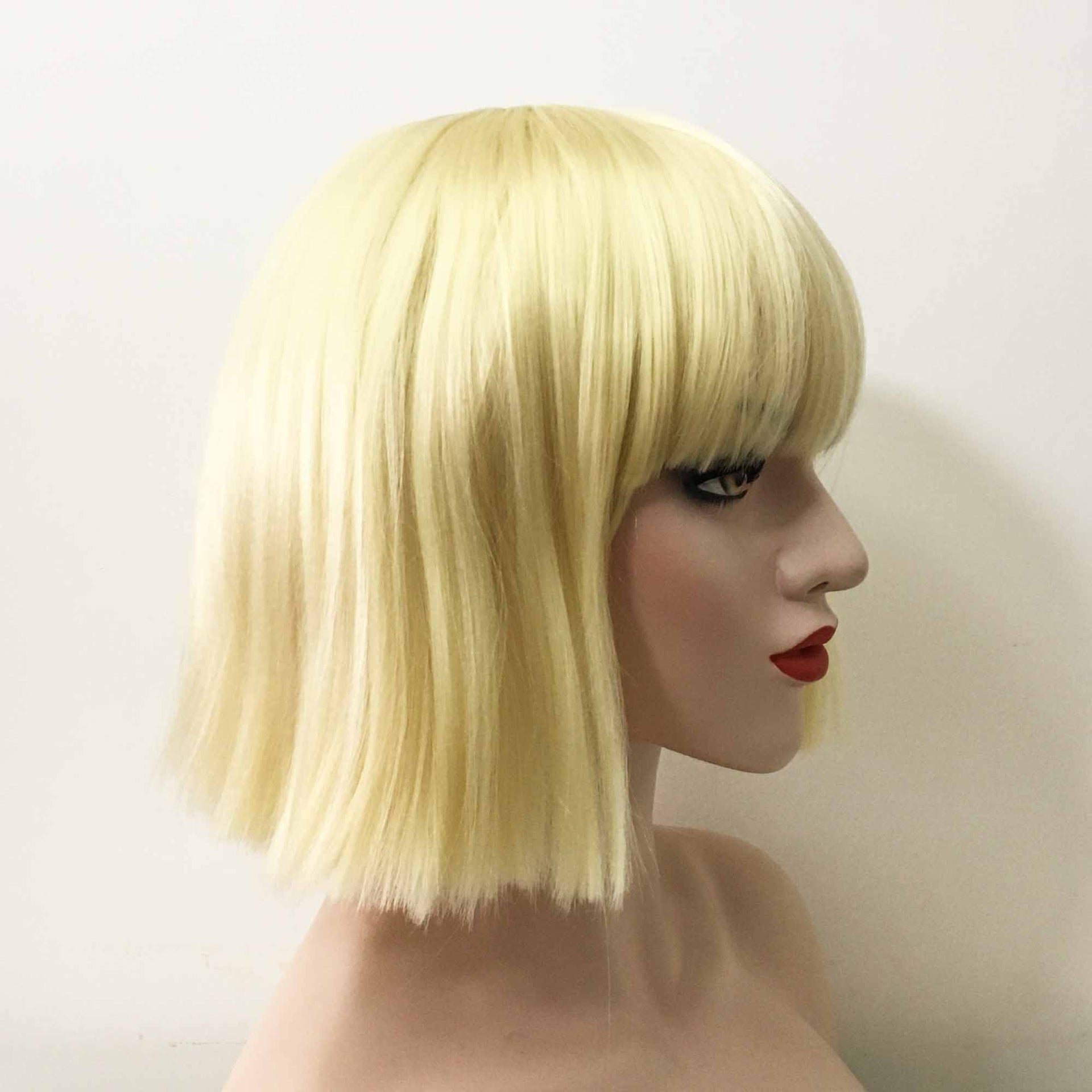 nevermindyrhead Women Blonde Short Straight Bob Yaki Fringe Bangs Wig