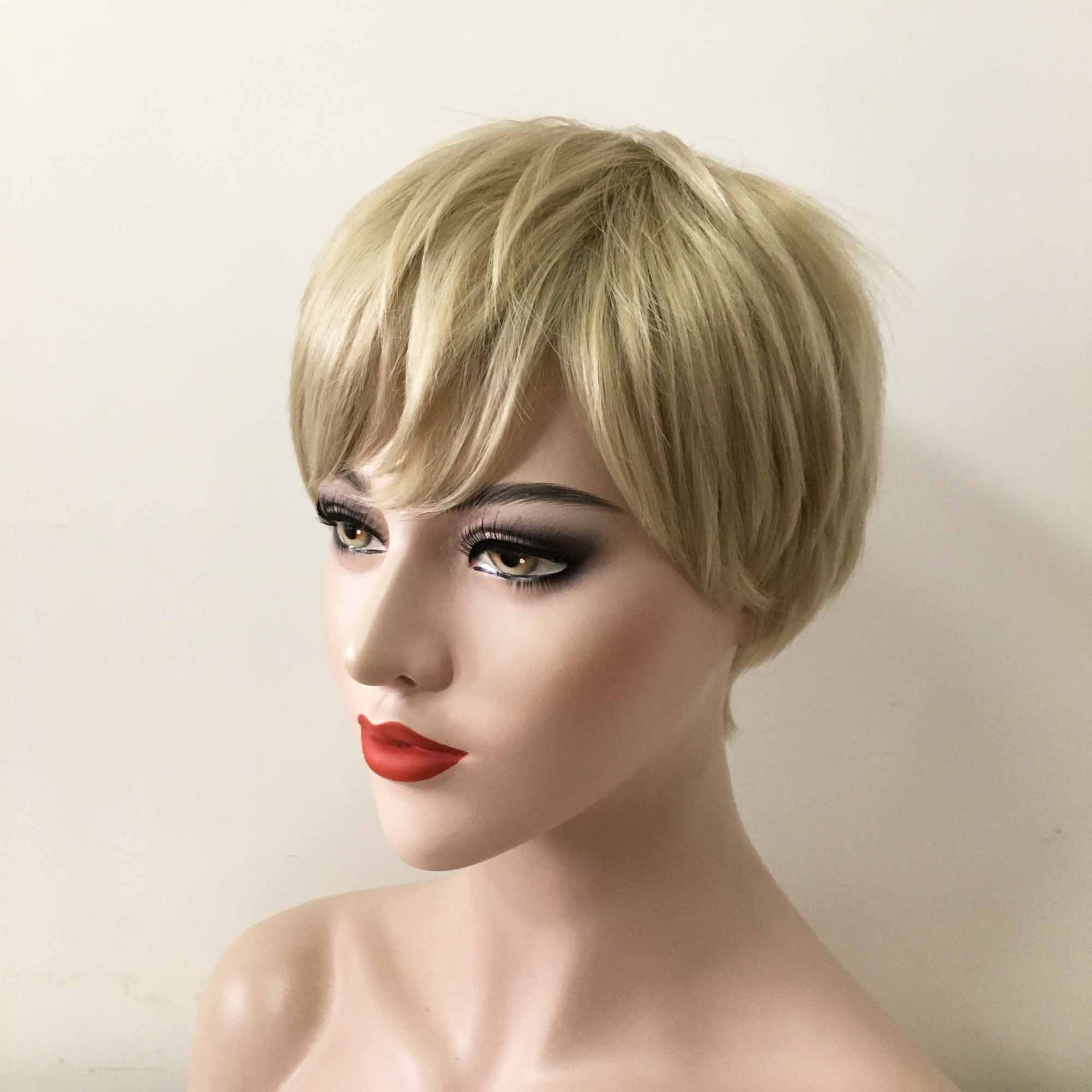 nevermindyrhead Women Blonde Short Straight Pixie Boy Cut Fringe Bangs Wig