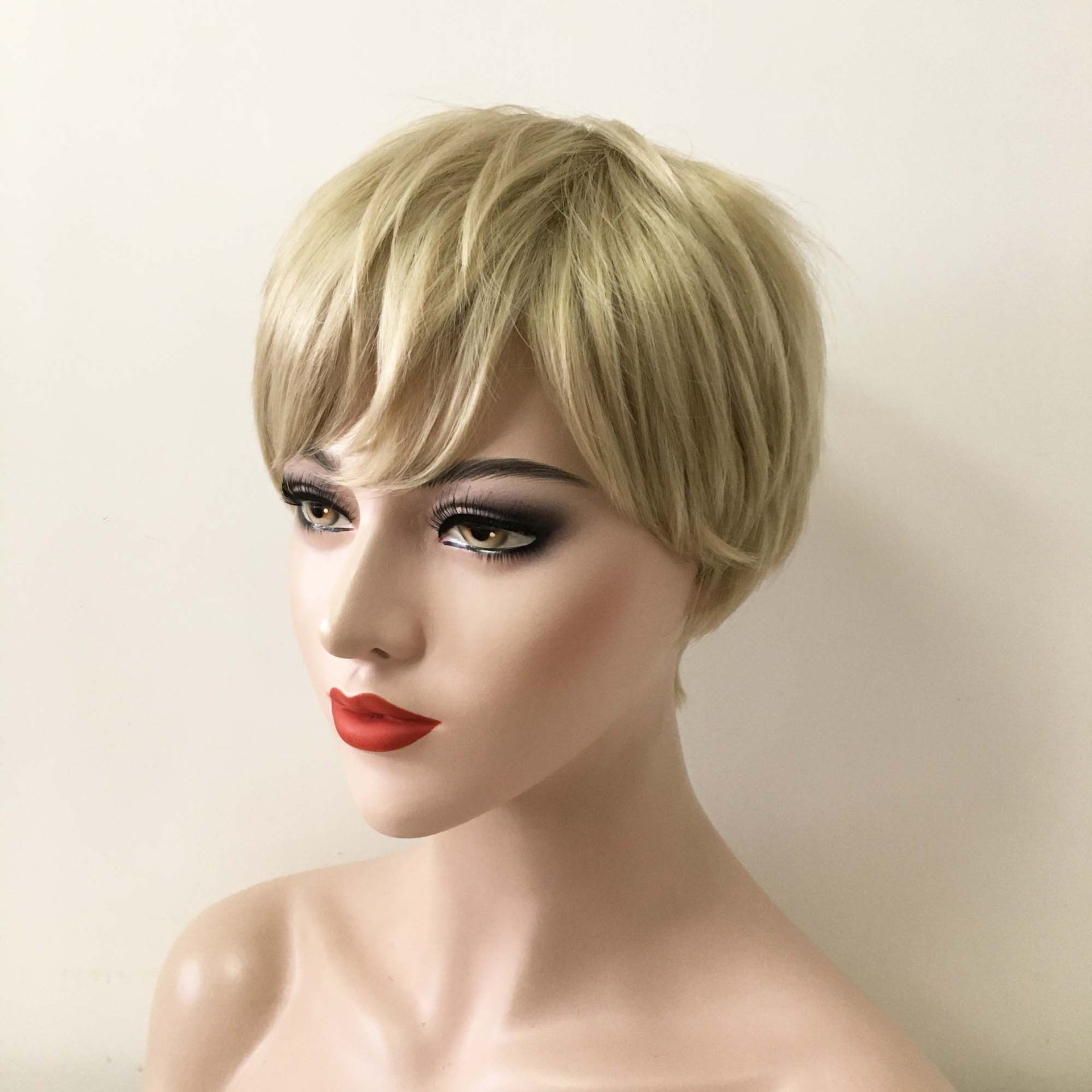 nevermindyrhead Women Blonde Short Straight Pixie Boy Cut Fringe Bangs Wig