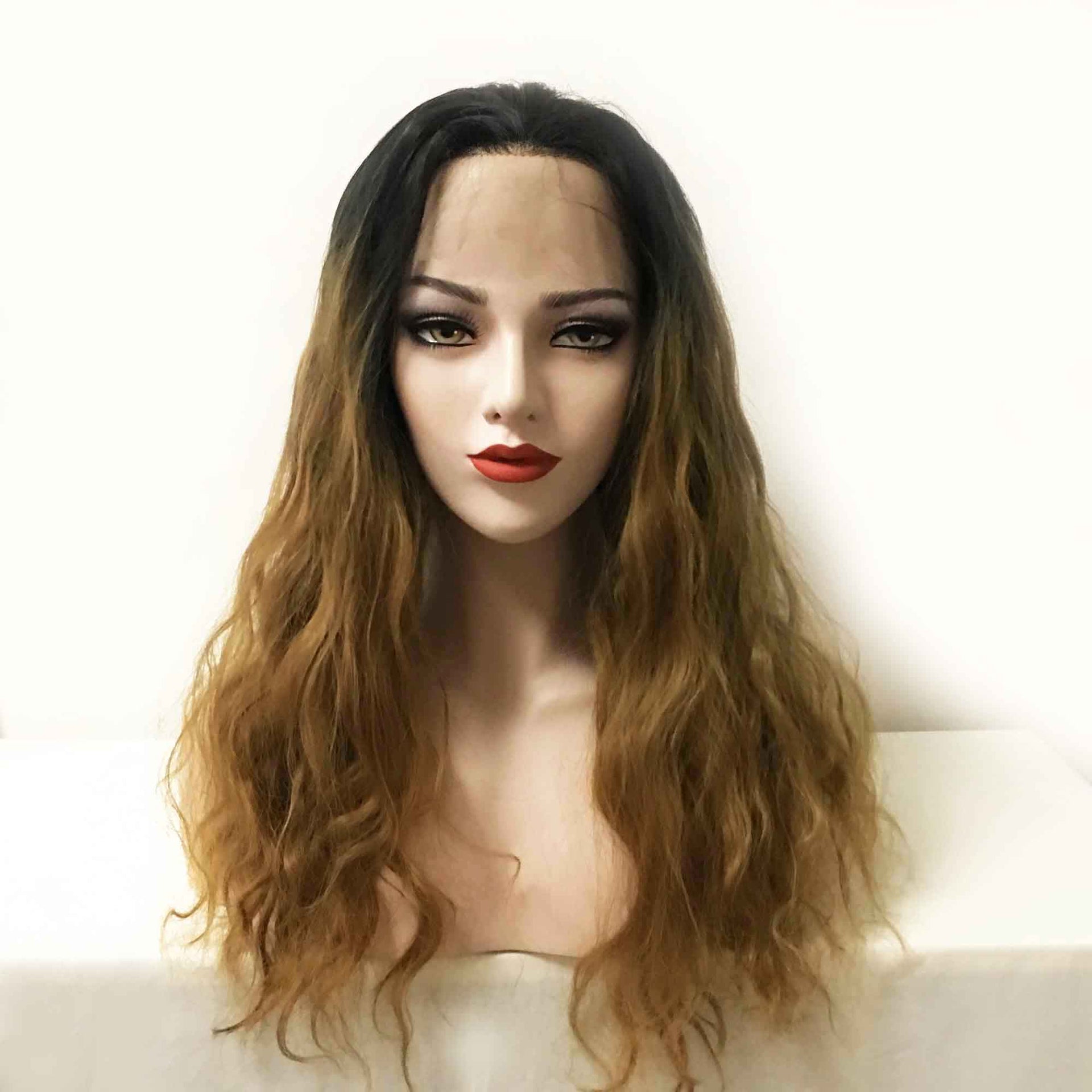 nevermindyrhead Women Brown Dark Root Lace Front Long Curly Middle Part Wig