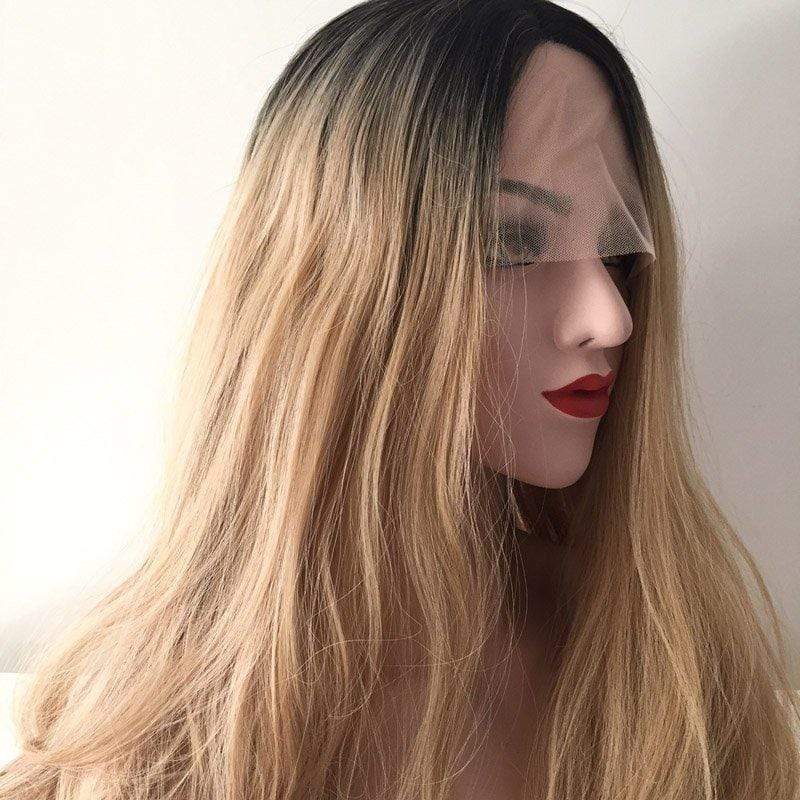 nevermindyrhead Women Brown Dark Root Lace Front Long Wavy Middle Part Wig