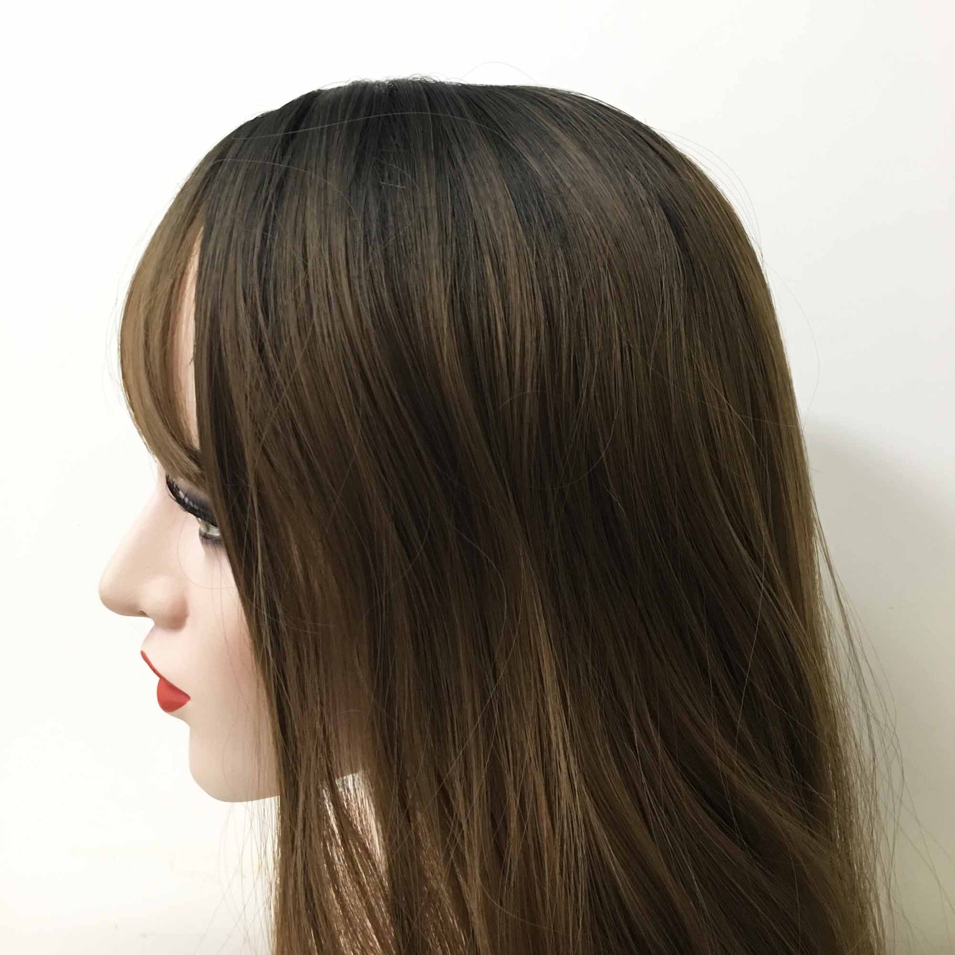 nevermindyrhead Women Brown Dark Root Long Curly Fringe Bangs Wig Dark Root Brown