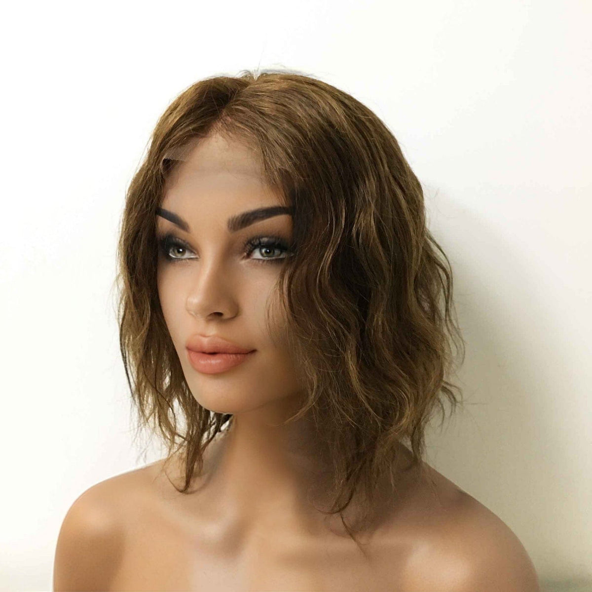 Women Brown Human Hair Lace Front Short Curly Middle Part 