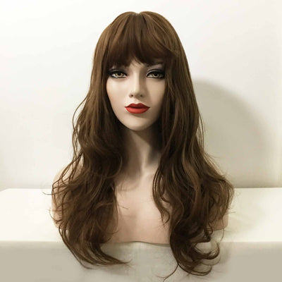 Women Brown Long Curly Fringe Bangs Wig