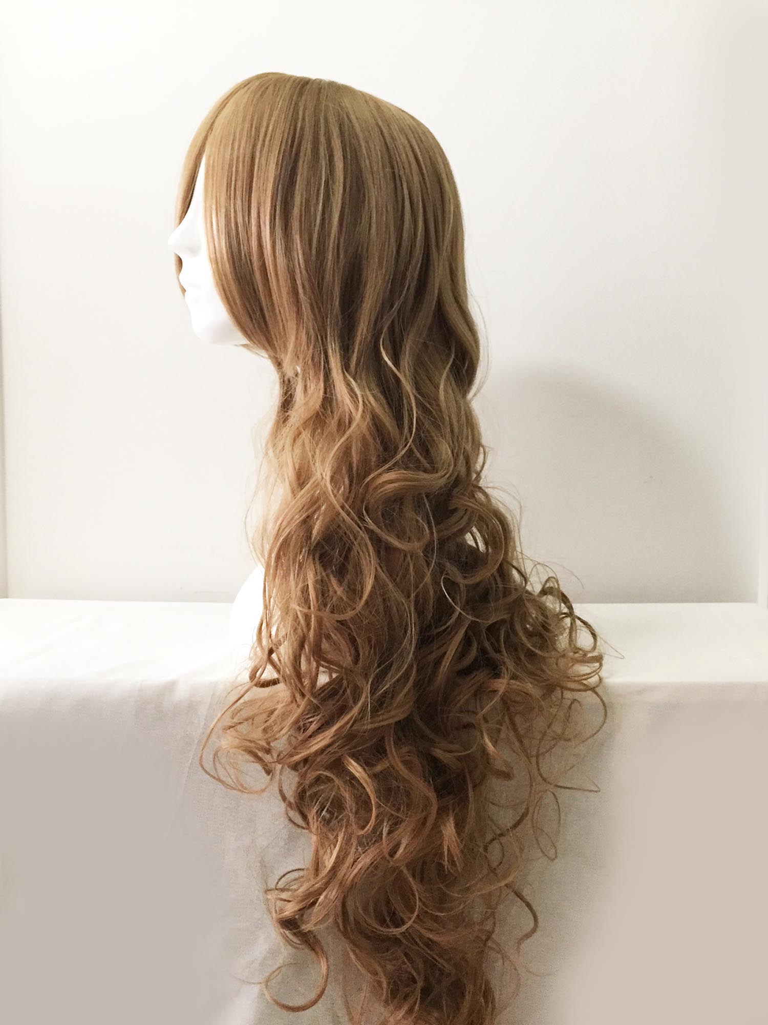 nevermindyrhead Women Brown Long Curly Side Swept Bangs Cosplay Wig