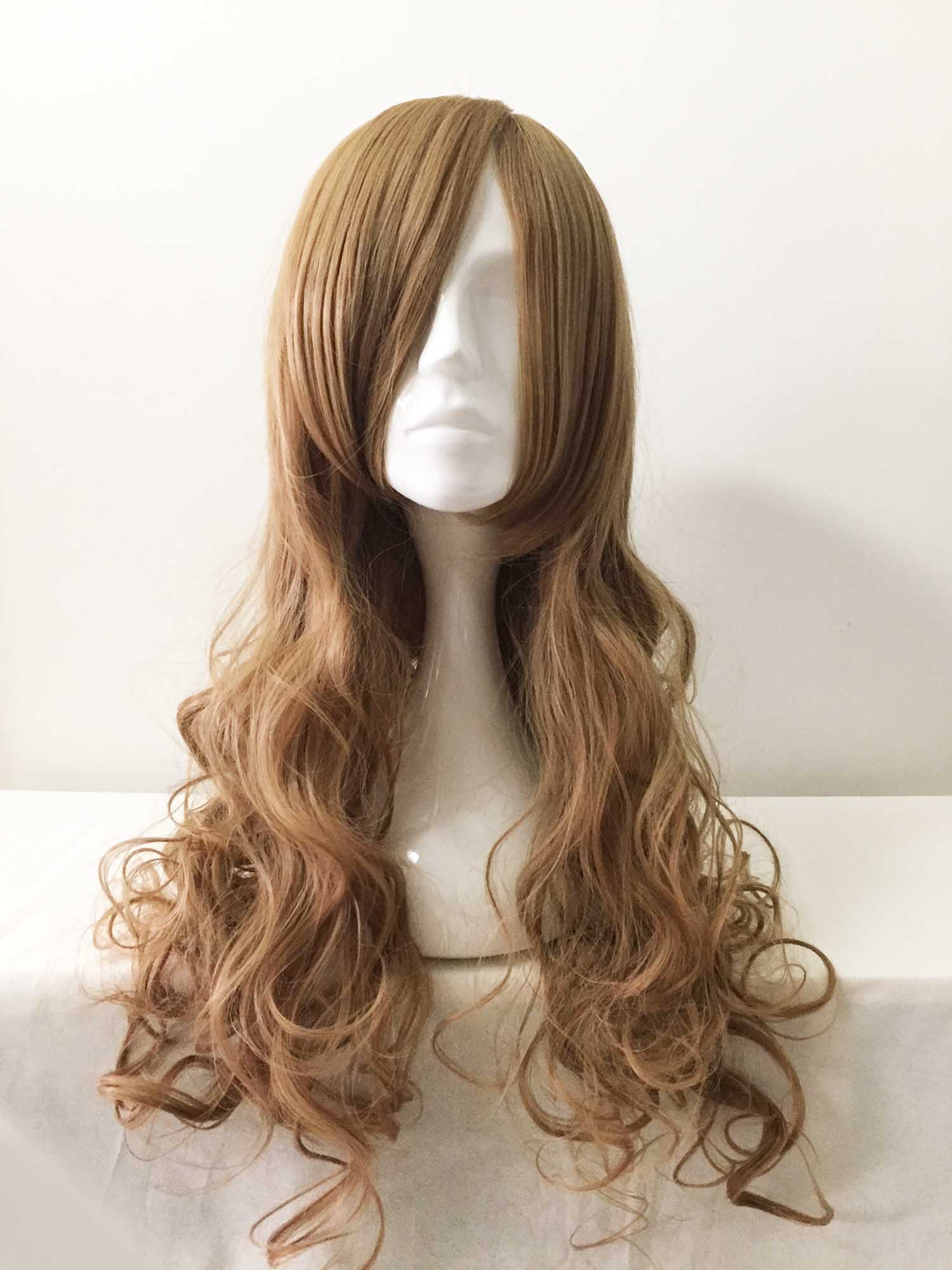 nevermindyrhead Women Brown Long Curly Side Swept Bangs Cosplay Wig