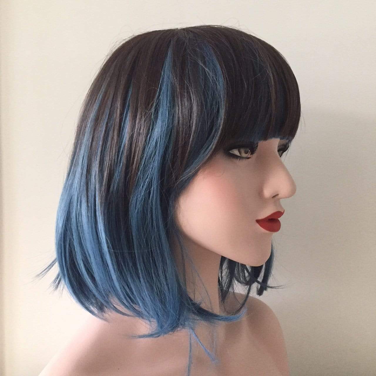 nevermindyrhead Women Dark Brown Blue Two-Tone Medium Length Bob Blunt Bangs Wig