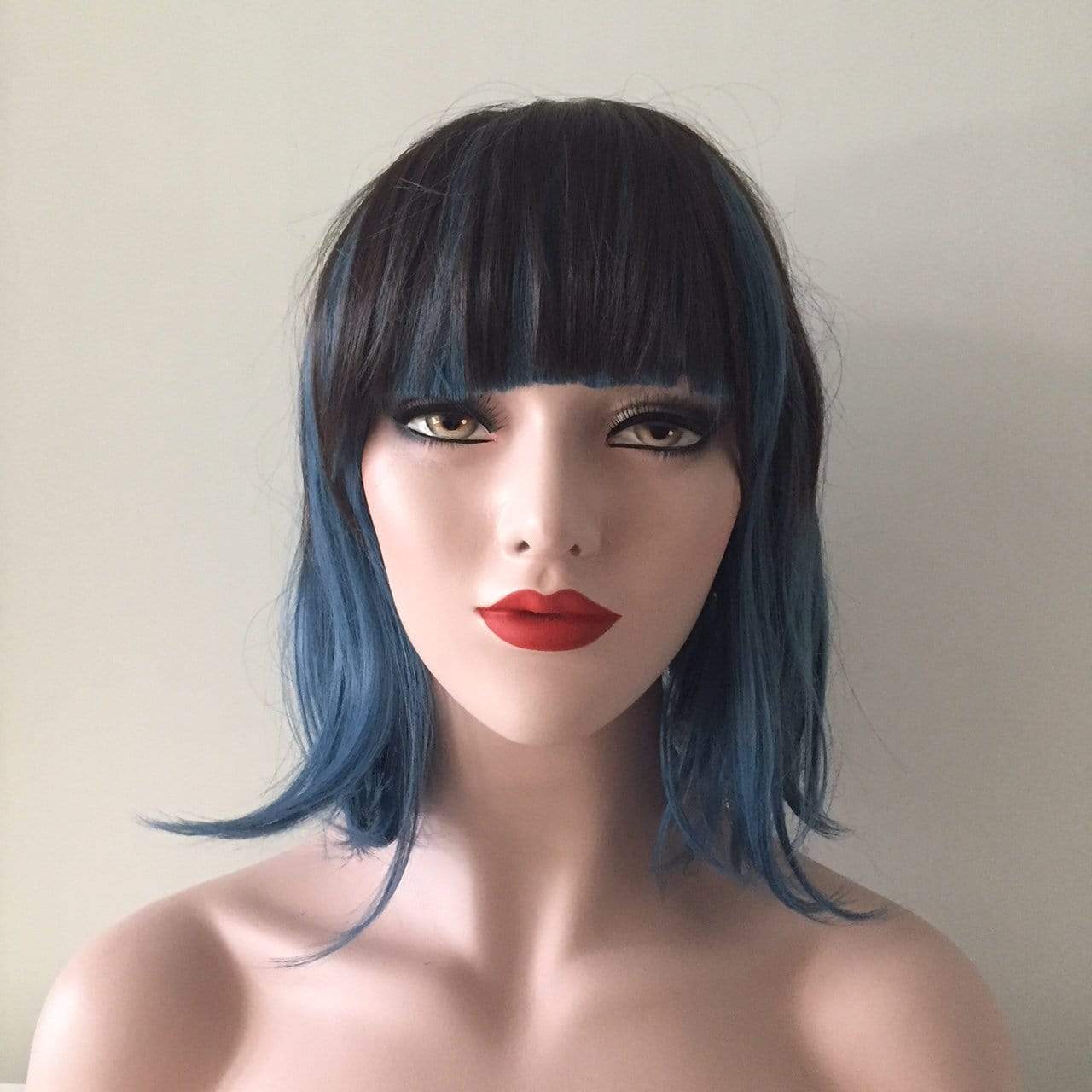 nevermindyrhead Women Dark Brown Blue Two-Tone Medium Length Bob Blunt Bangs Wig