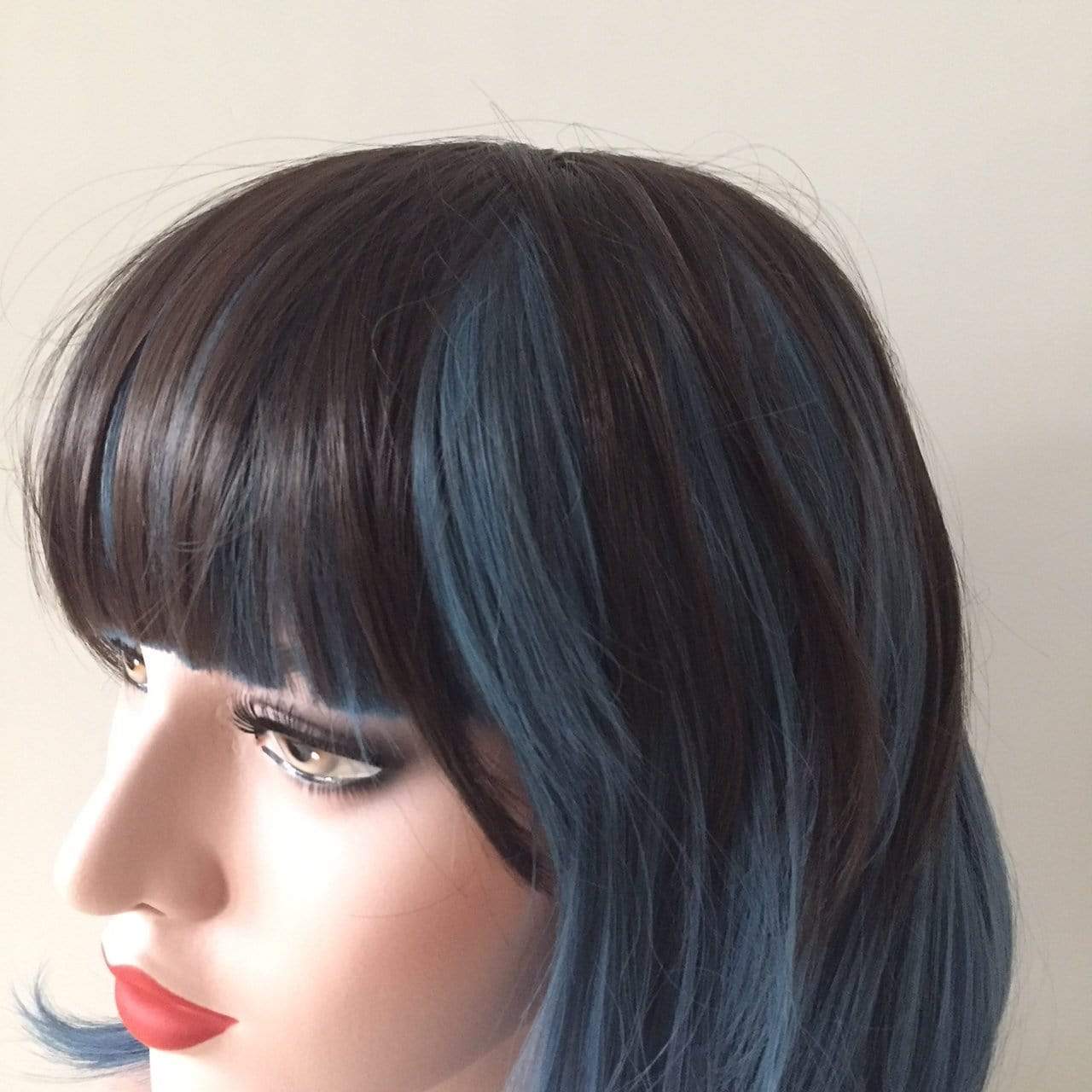 nevermindyrhead Women Dark Brown Blue Two-Tone Medium Length Bob Blunt Bangs Wig