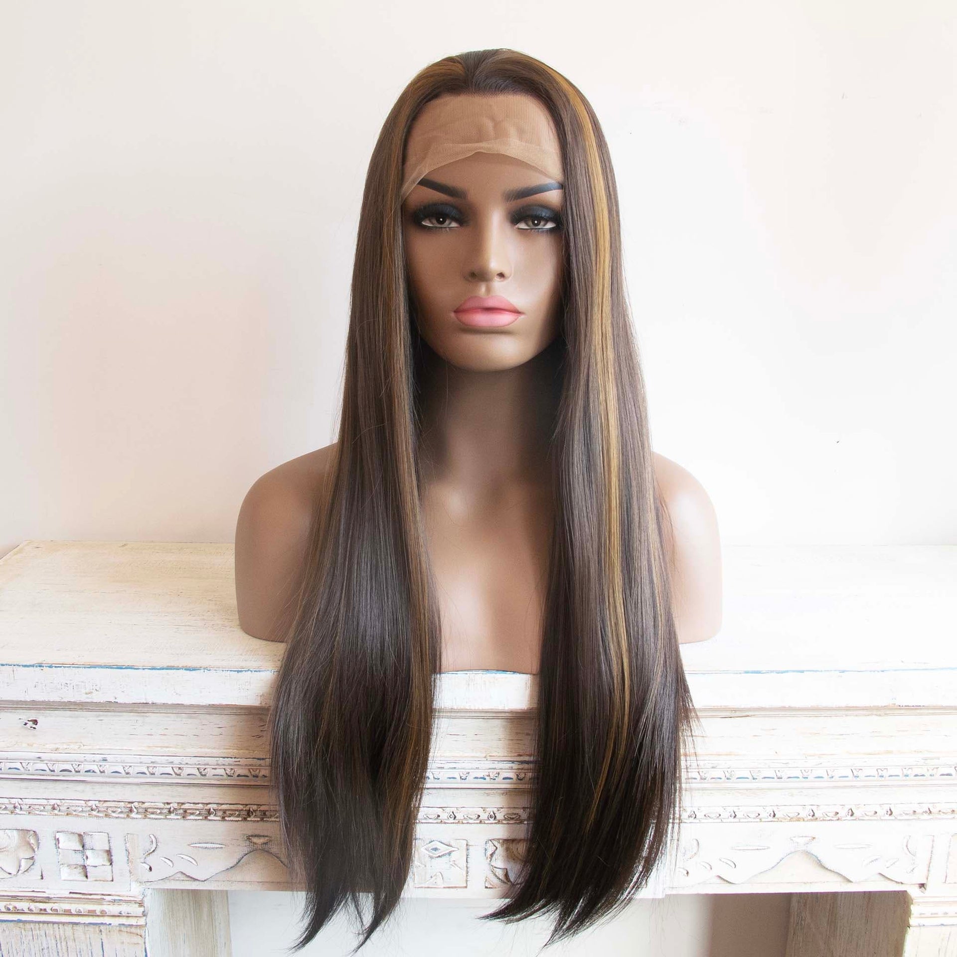 nevermindyrhead Women Dark Brown Honey Blonde Highlight Lace Front Slicked Long Straight Hair Wig