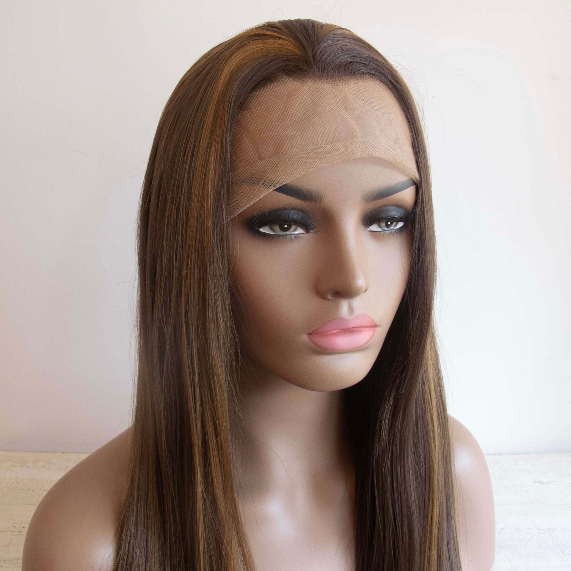 nevermindyrhead Women Dark Brown Honey Blonde Highlight Lace Front Slicked Long Straight Hair Wig