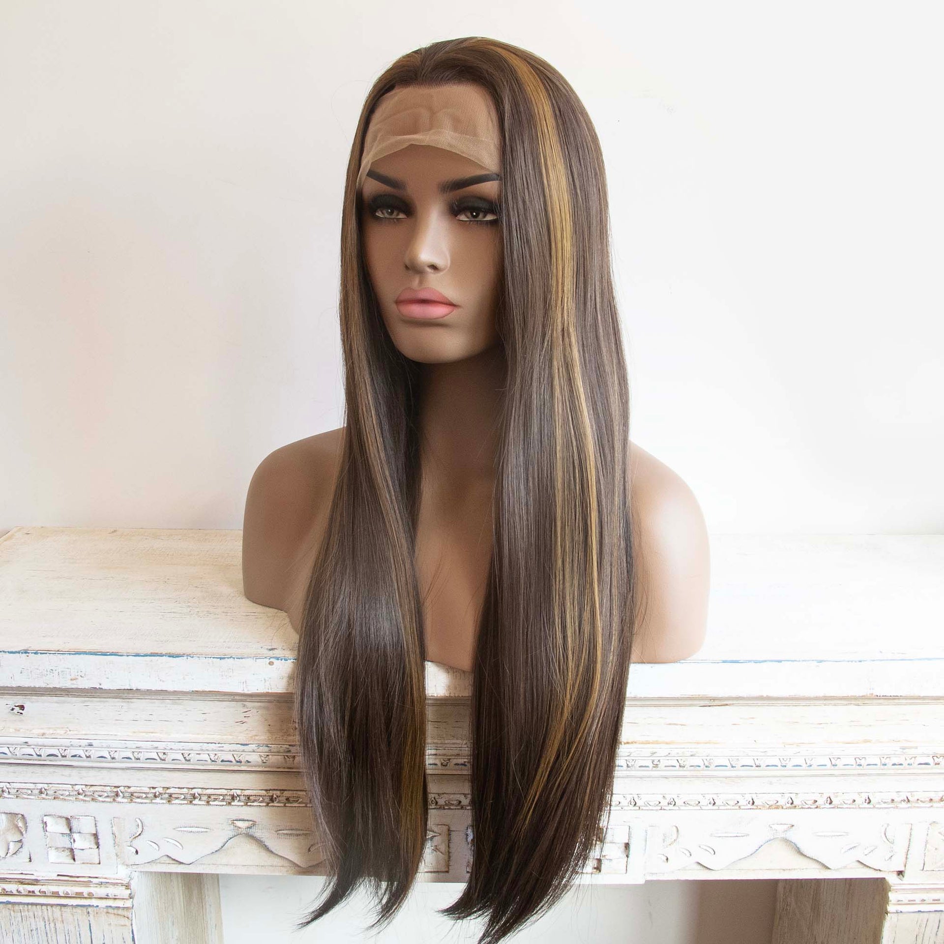 nevermindyrhead Women Dark Brown Honey Blonde Highlight Lace Front Slicked Long Straight Hair Wig