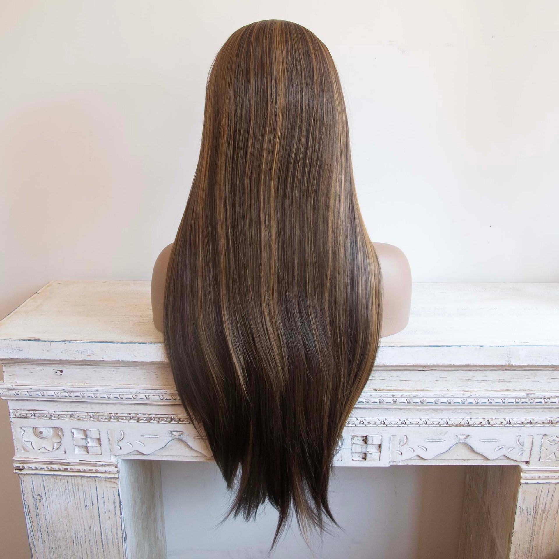 nevermindyrhead Women Dark Brown Honey Blonde Highlight Lace Front Slicked Long Straight Hair Wig
