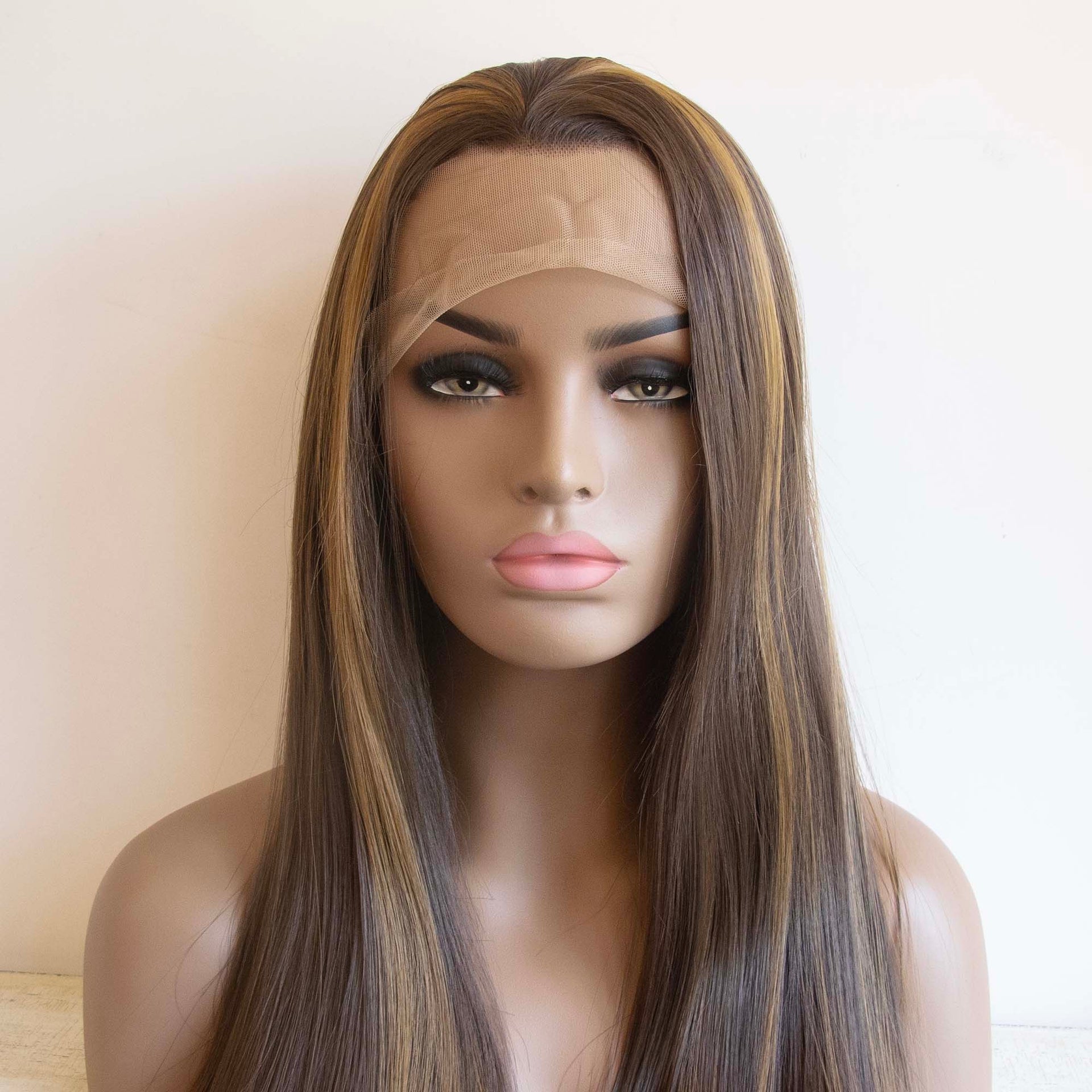 nevermindyrhead Women Dark Brown Honey Blonde Highlight Lace Front Slicked Long Straight Hair Wig