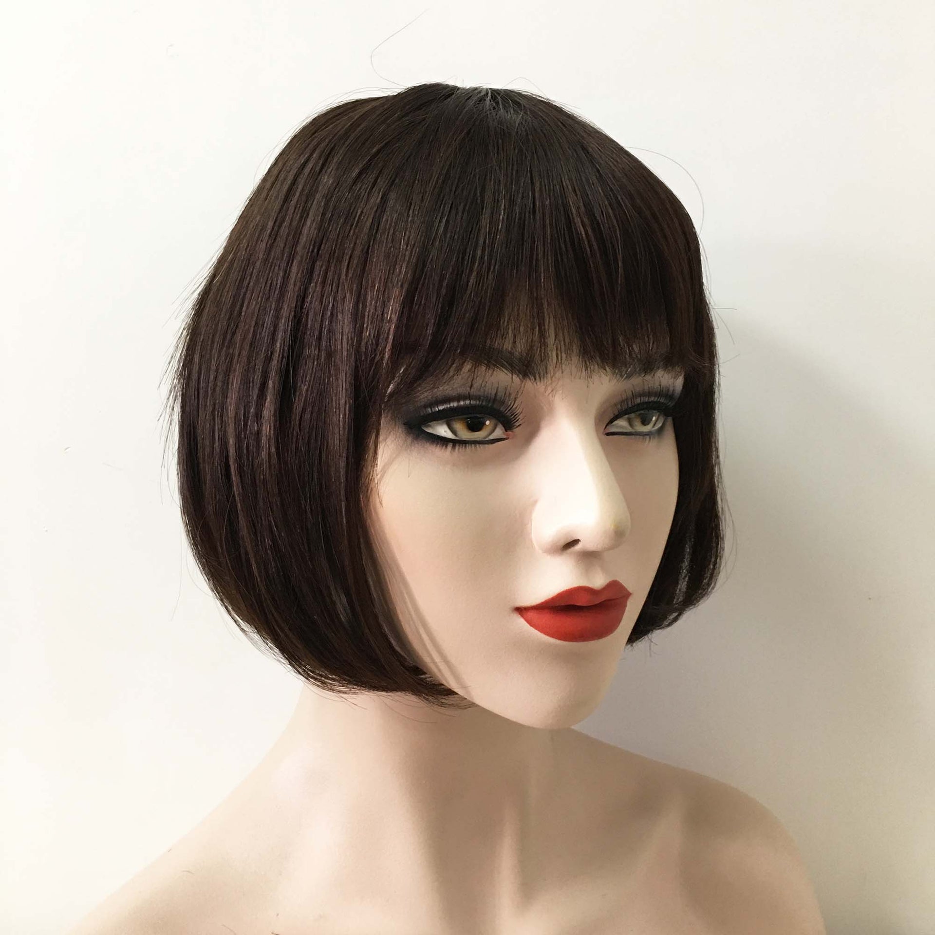 nevermindyrhead Women Dark Brown Human Hair Short Straight Bob Fringe Bangs Wig