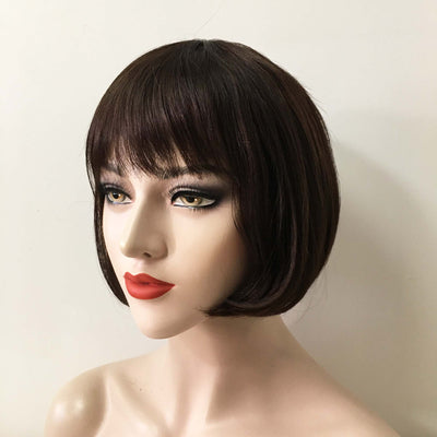 Women Very Dark Brown Human Hair Short Straight Bob Fringe Bangs Wig