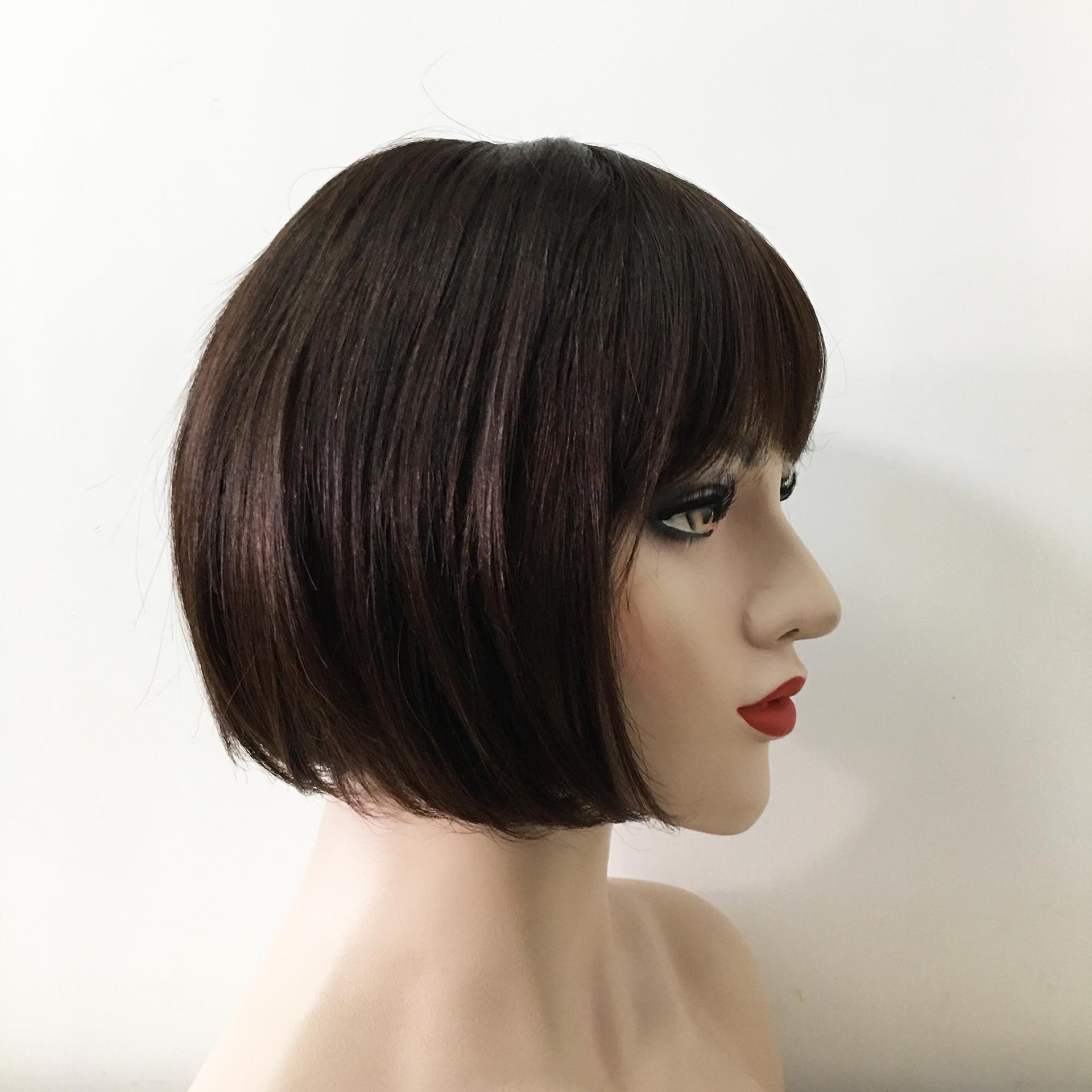 nevermindyrhead Women Dark Brown Human Hair Short Straight Bob Fringe Bangs Wig