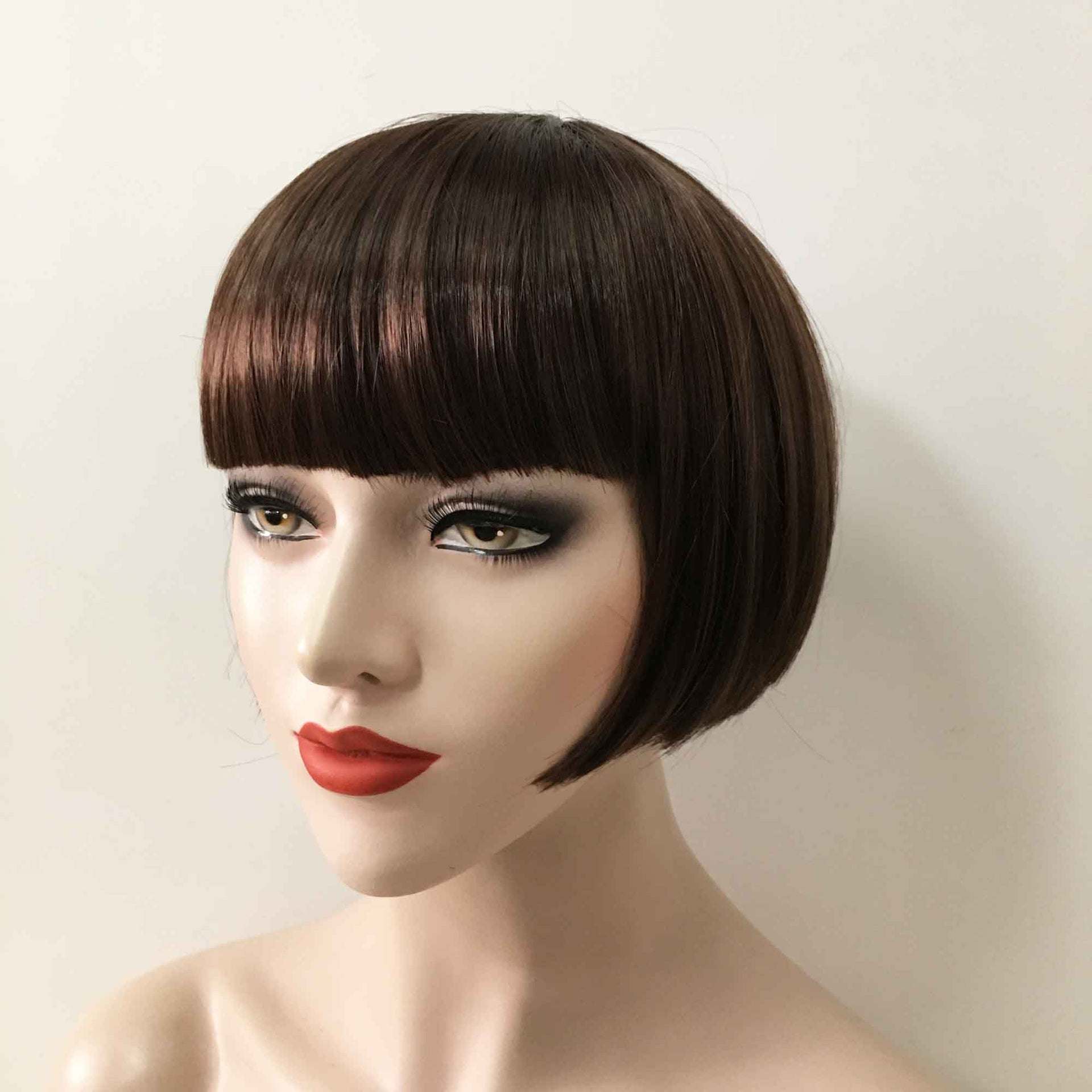 nevermindyrhead Women Dark Brown Short Straight Bob Blunt Bangs Wig