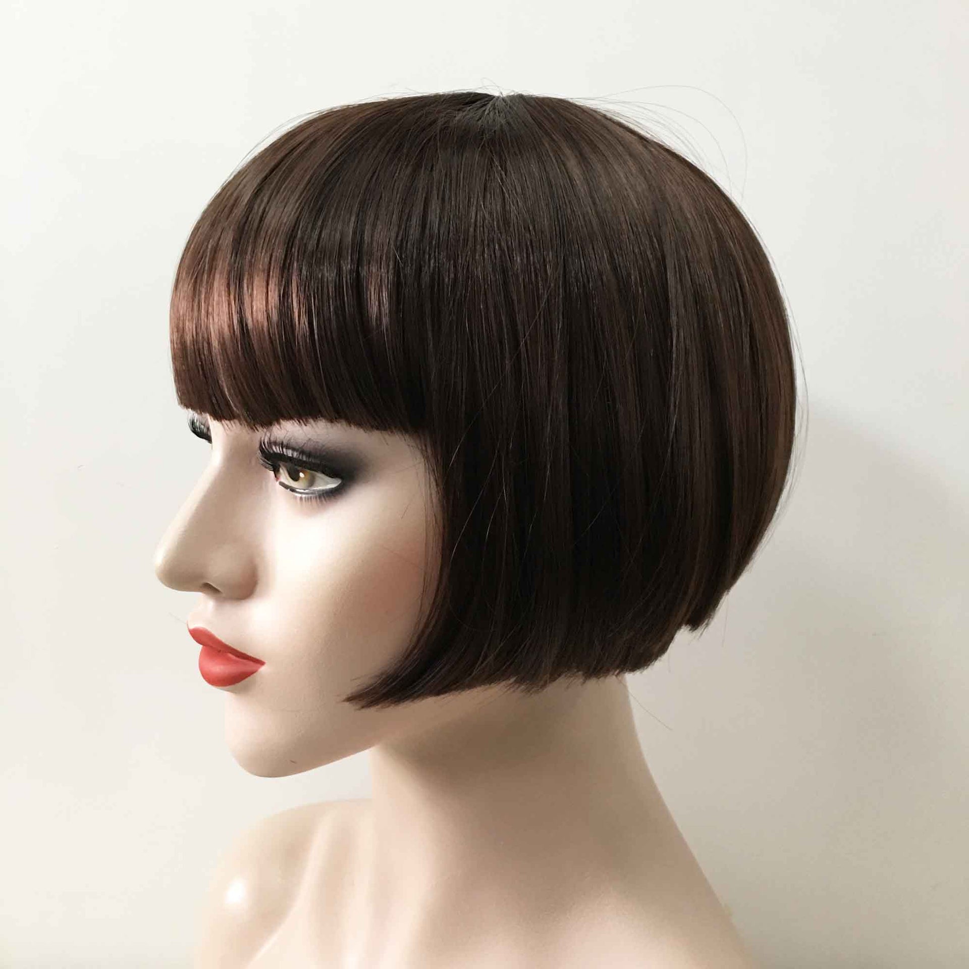 nevermindyrhead Women Dark Brown Short Straight Bob Blunt Bangs Wig