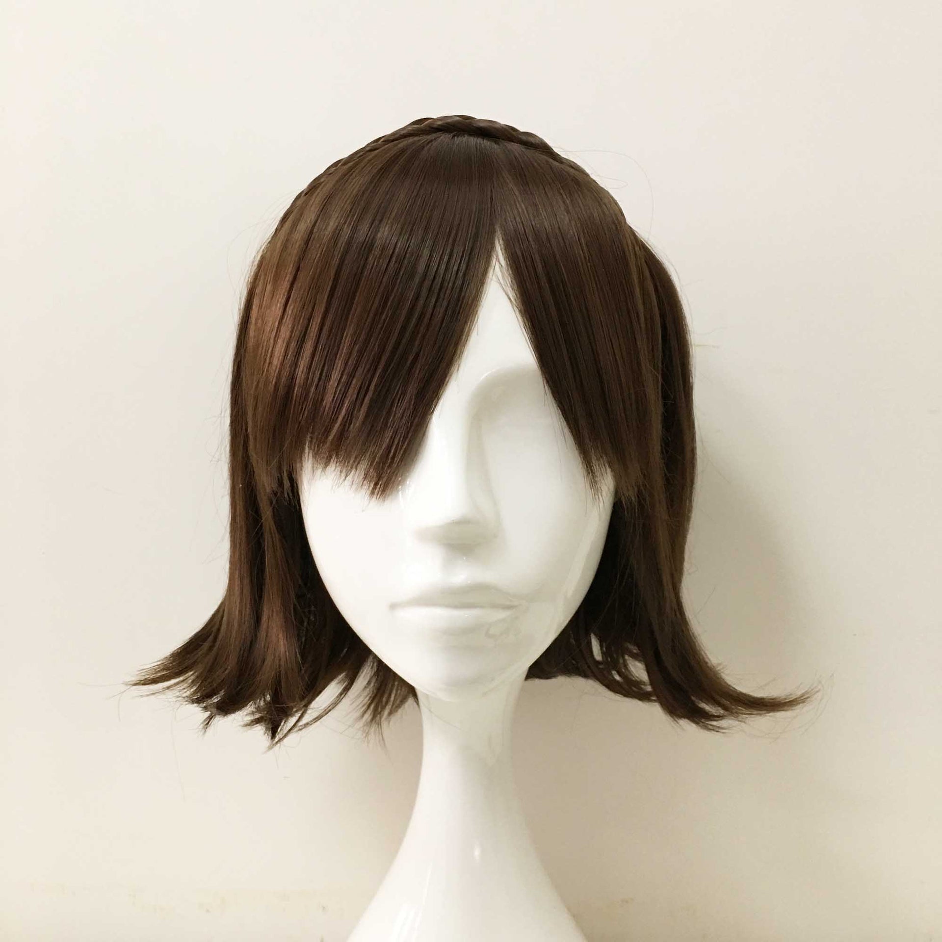 nevermindyrhead Women Dark Brown Short Straight Braided Headband Long Bangs Cosplay Wig