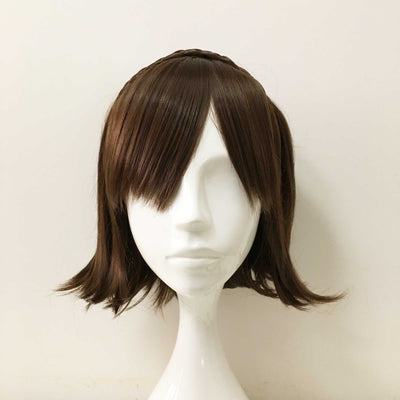 Women Dark Brown Short Straight Braided Headband Long Bangs Cosplay Wig