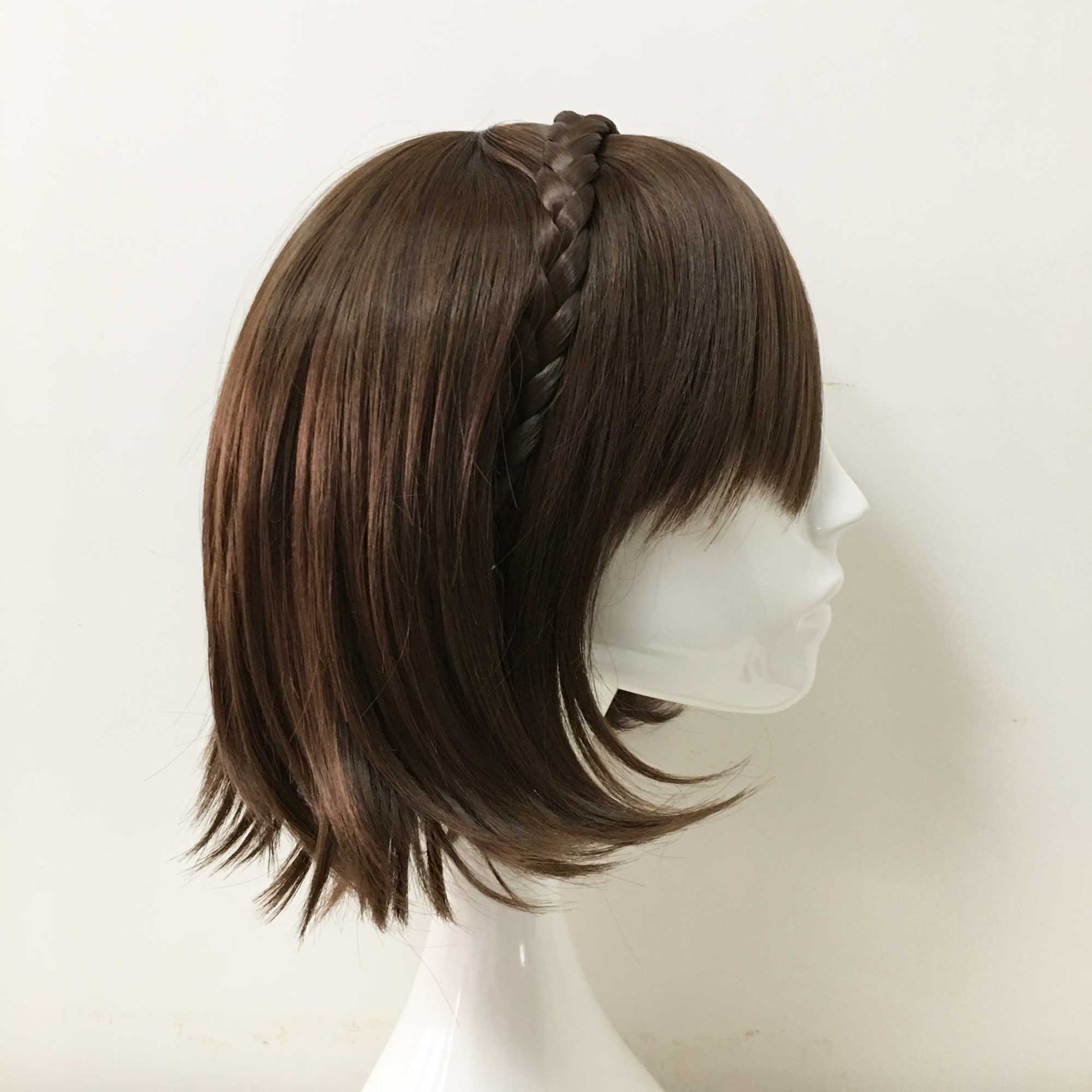 nevermindyrhead Women Dark Brown Short Straight Braided Headband Long Bangs Cosplay Wig