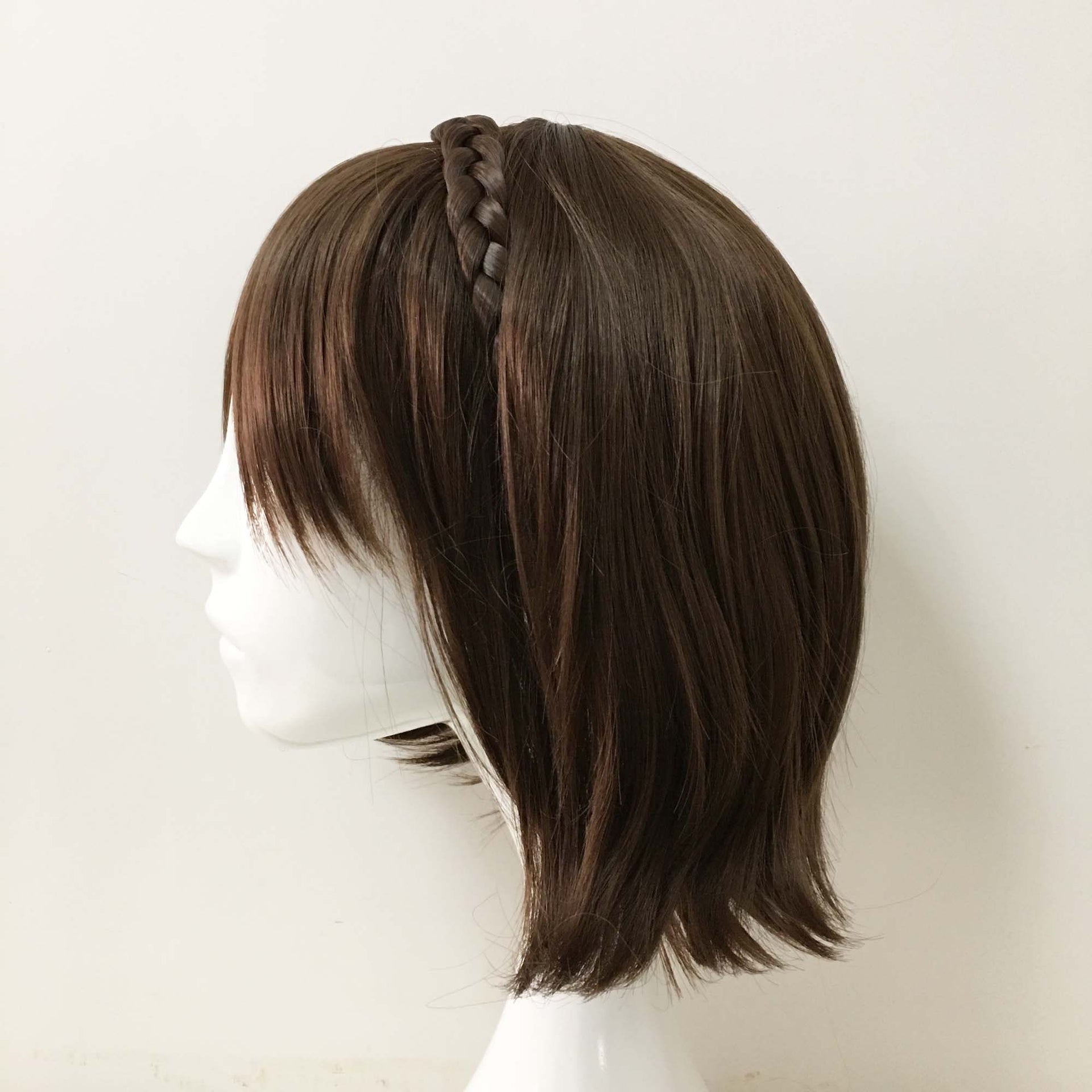 nevermindyrhead Women Dark Brown Short Straight Braided Headband Long Bangs Cosplay Wig