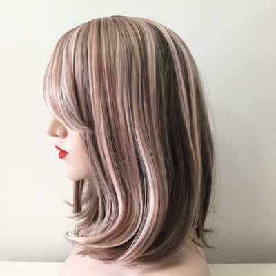 Women Dark Pink Brown Medium Length Straight Fringe Bangs  Wig