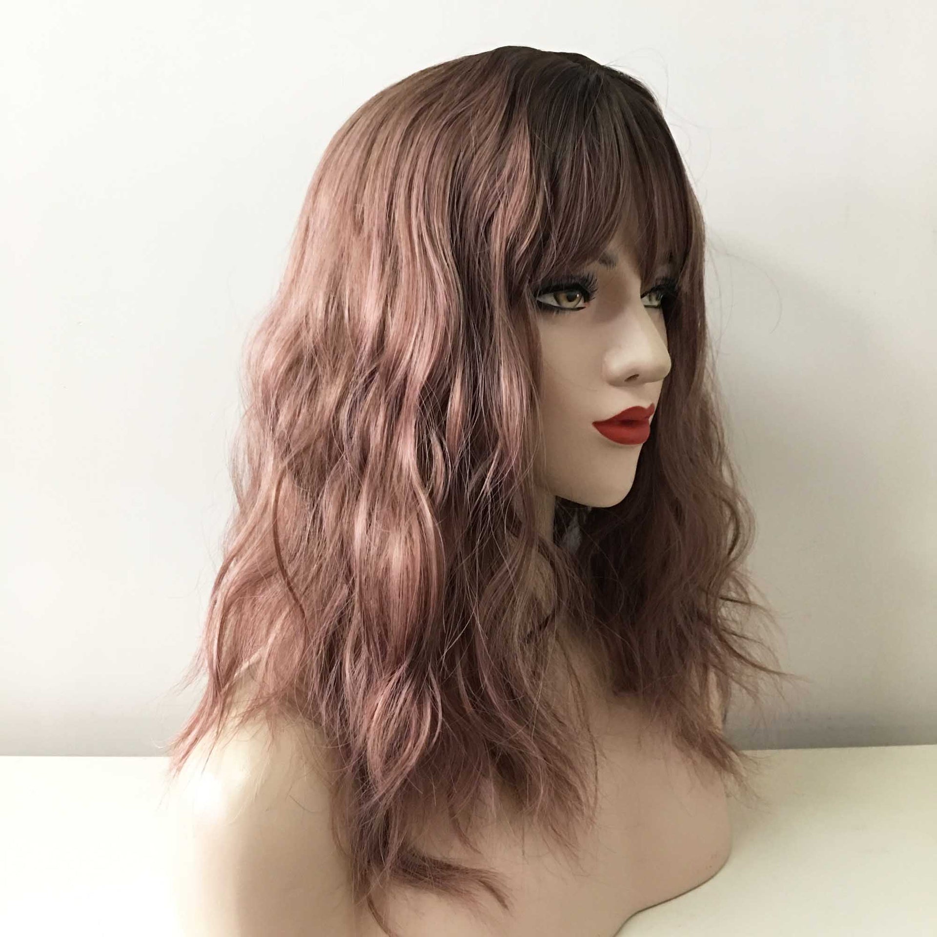 nevermindyrhead Women Dark Pink Dark Root Long Curly Fringe Bangs Choppy Wig