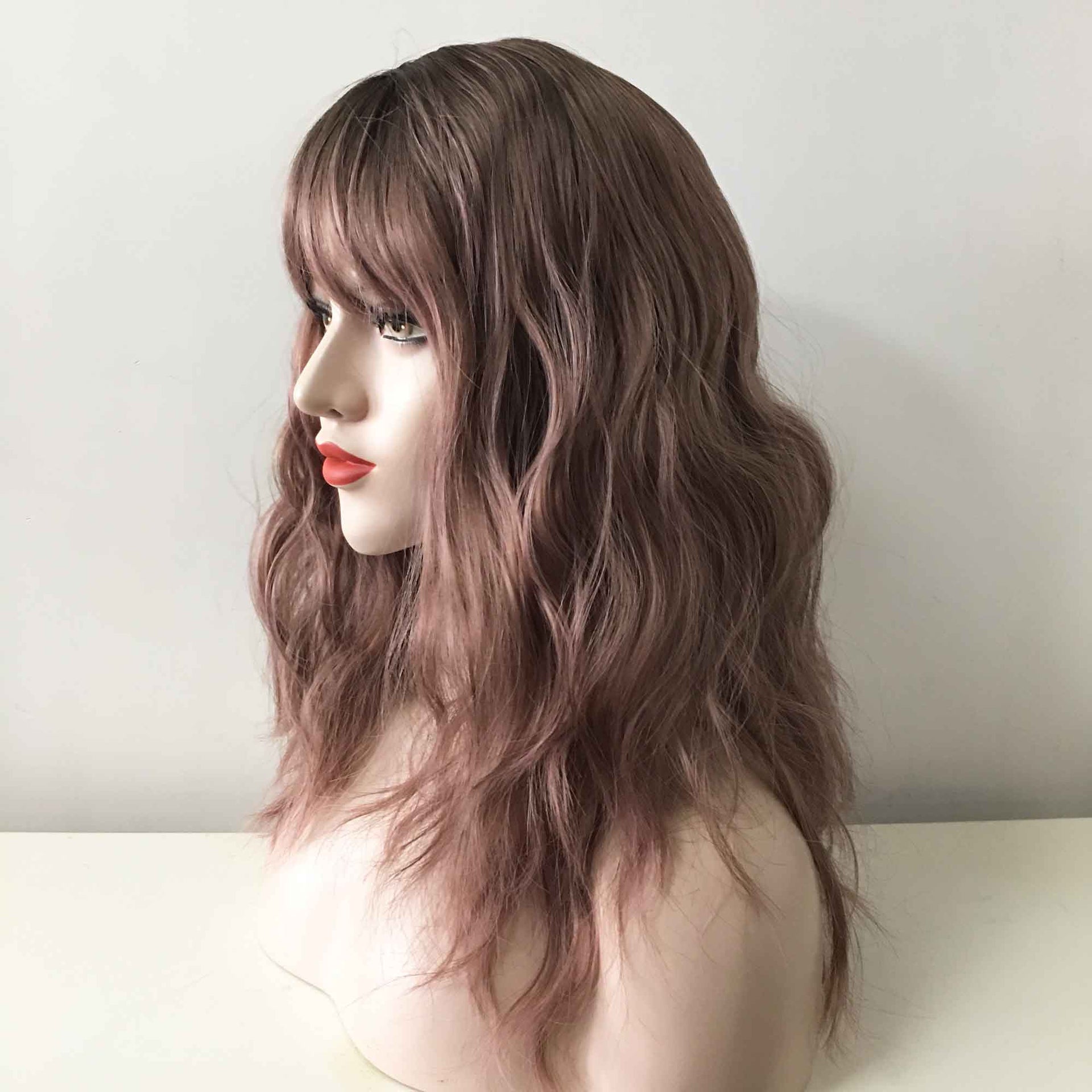 nevermindyrhead Women Dark Pink Dark Root Long Curly Fringe Bangs Choppy Wig