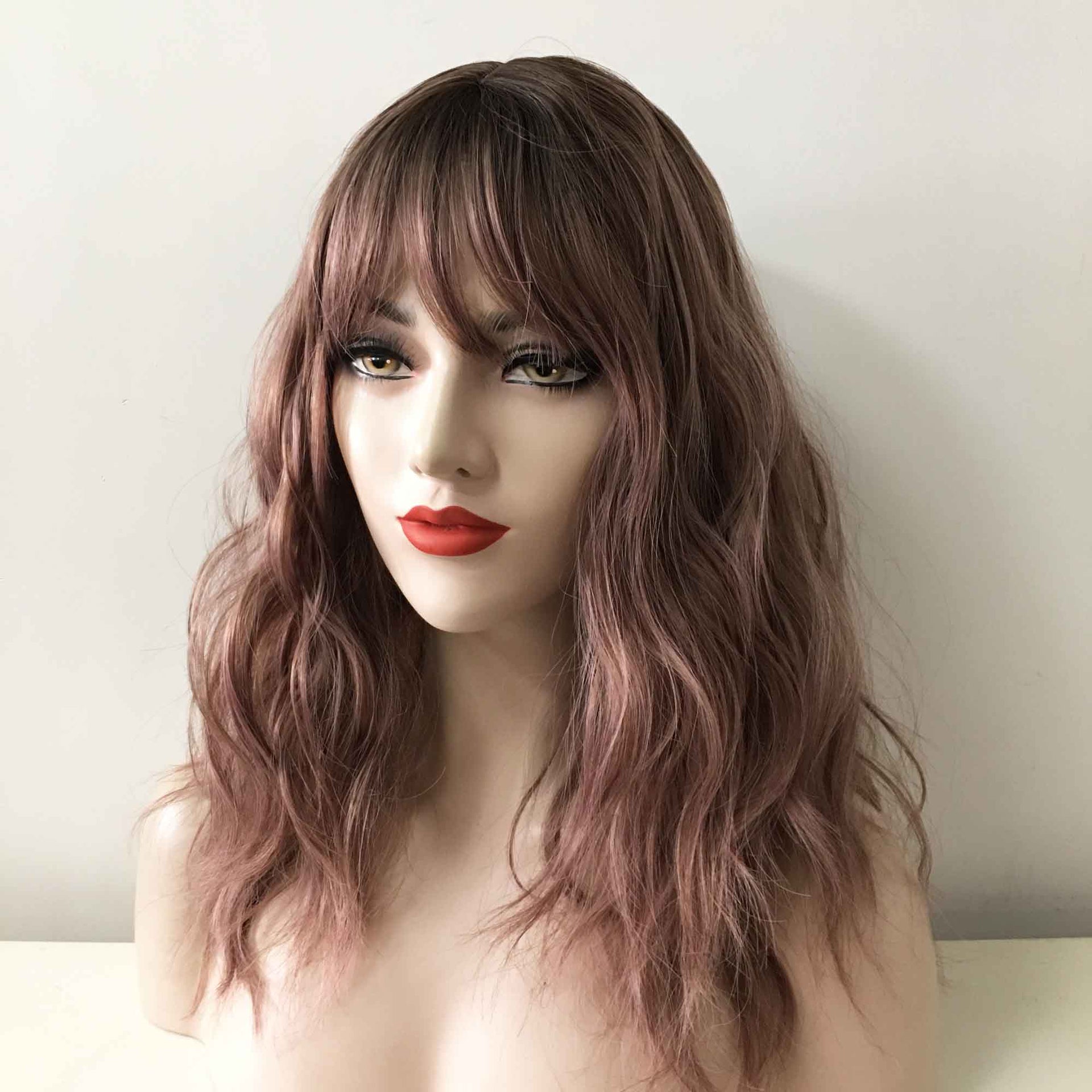 nevermindyrhead Women Dark Pink Dark Root Long Curly Fringe Bangs Choppy Wig