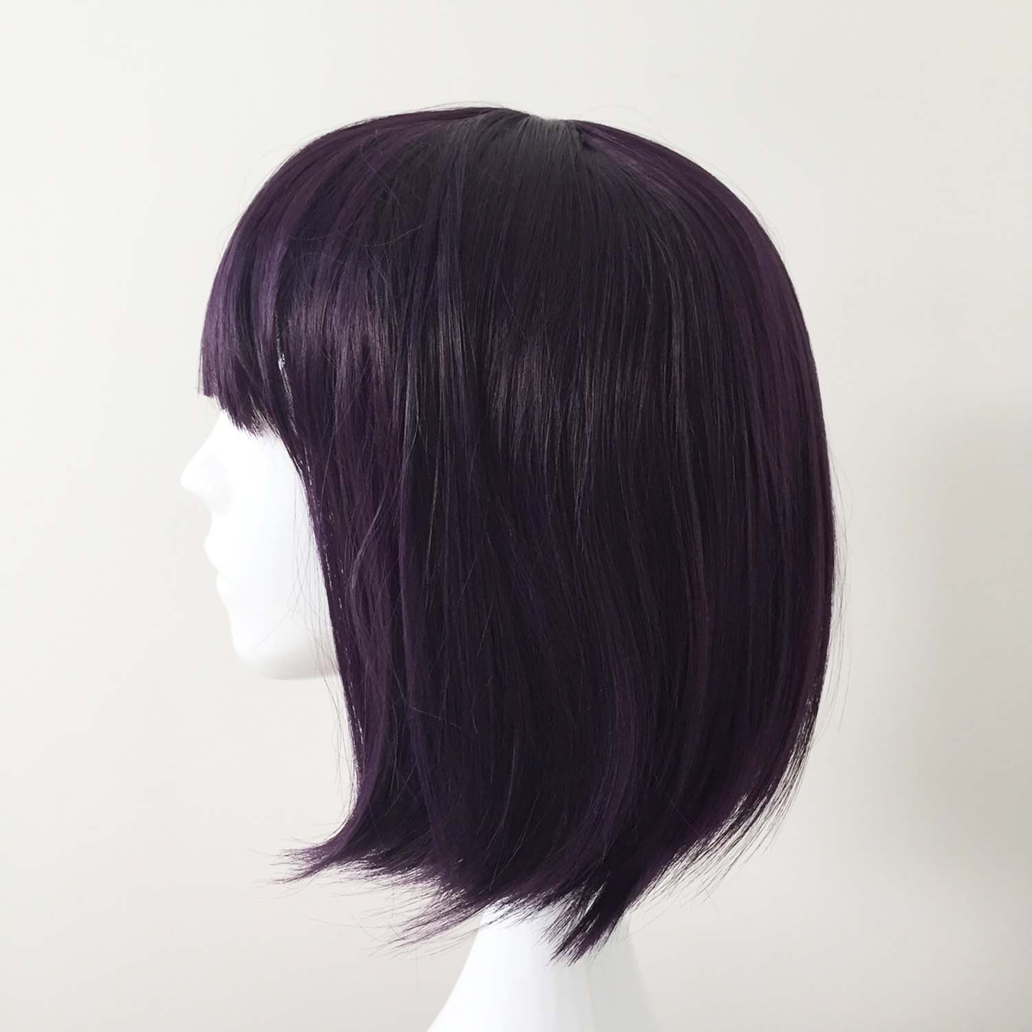 nevermindyrhead Women Dark Purple Short Straight Bob Blunt Bangs Wig