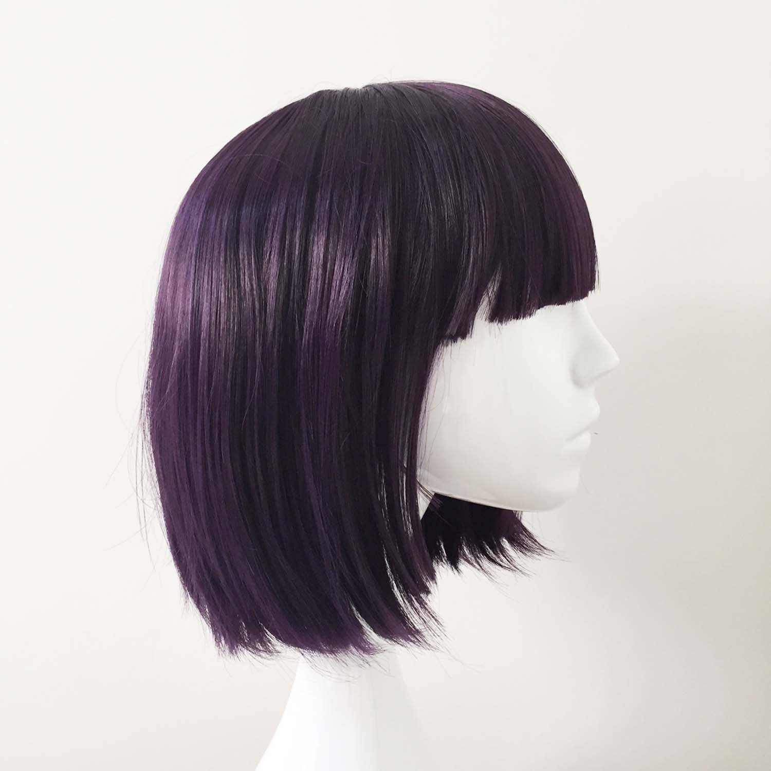 nevermindyrhead Women Dark Purple Short Straight Bob Blunt Bangs Wig