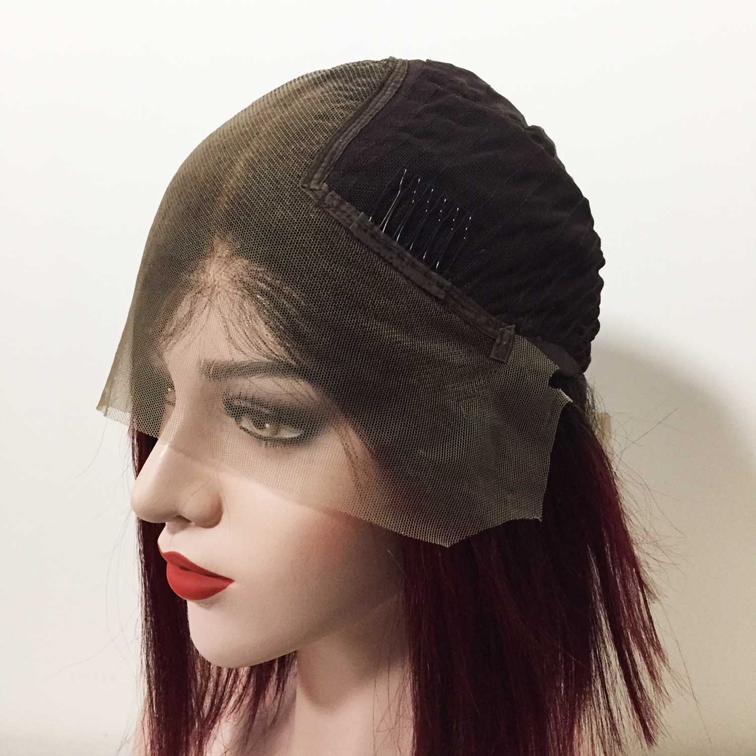 nevermindyrhead Women Dark Red Ombre Human Hair Lace Front Short Straight Wig