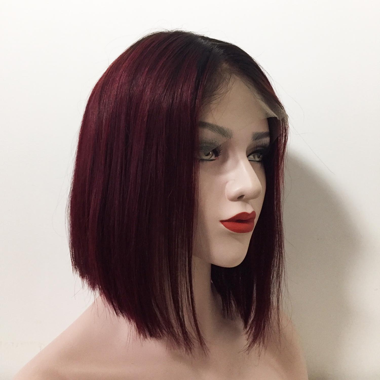 nevermindyrhead Women Dark Red Ombre Human Hair Lace Front Short Straight Wig