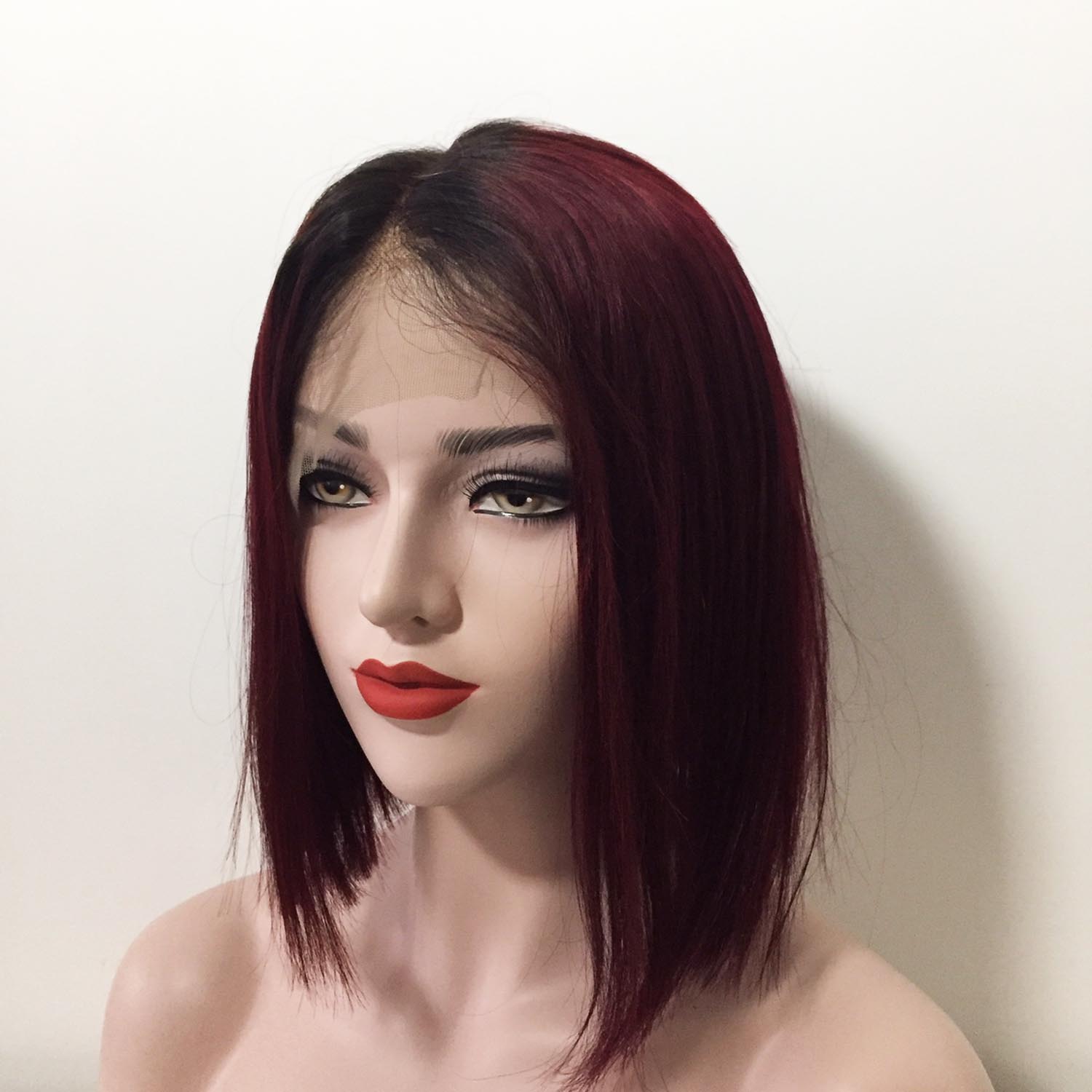 nevermindyrhead Women Dark Red Ombre Human Hair Lace Front Short Straight Wig