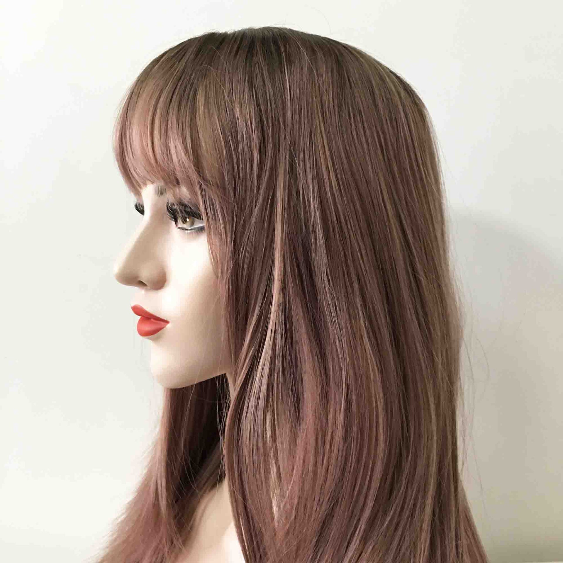 nevermindyrhead Women Dusty Pink Ombre Long Straight Fringe Bangs Layered Wig