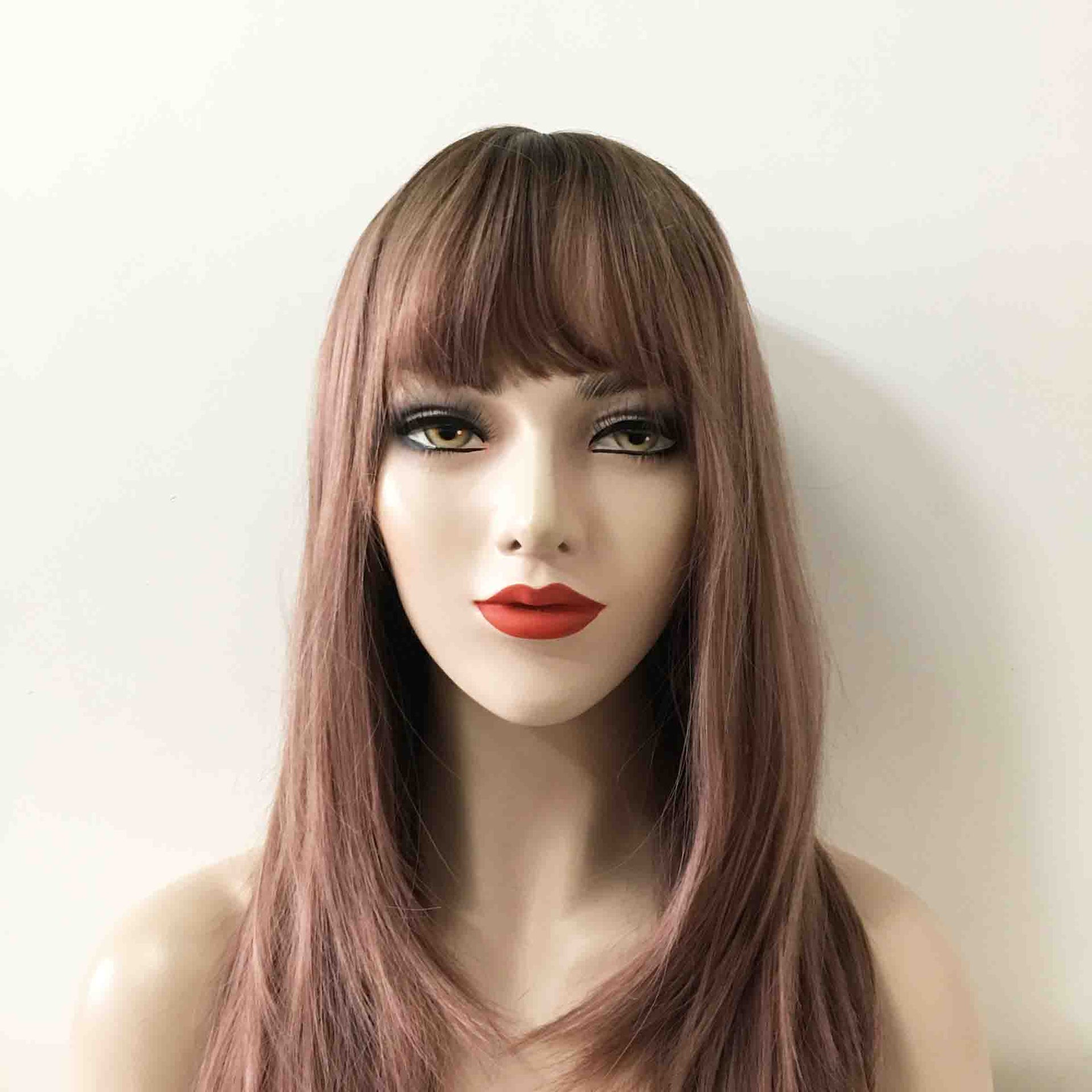nevermindyrhead Women Dusty Pink Ombre Long Straight Fringe Bangs Layered Wig