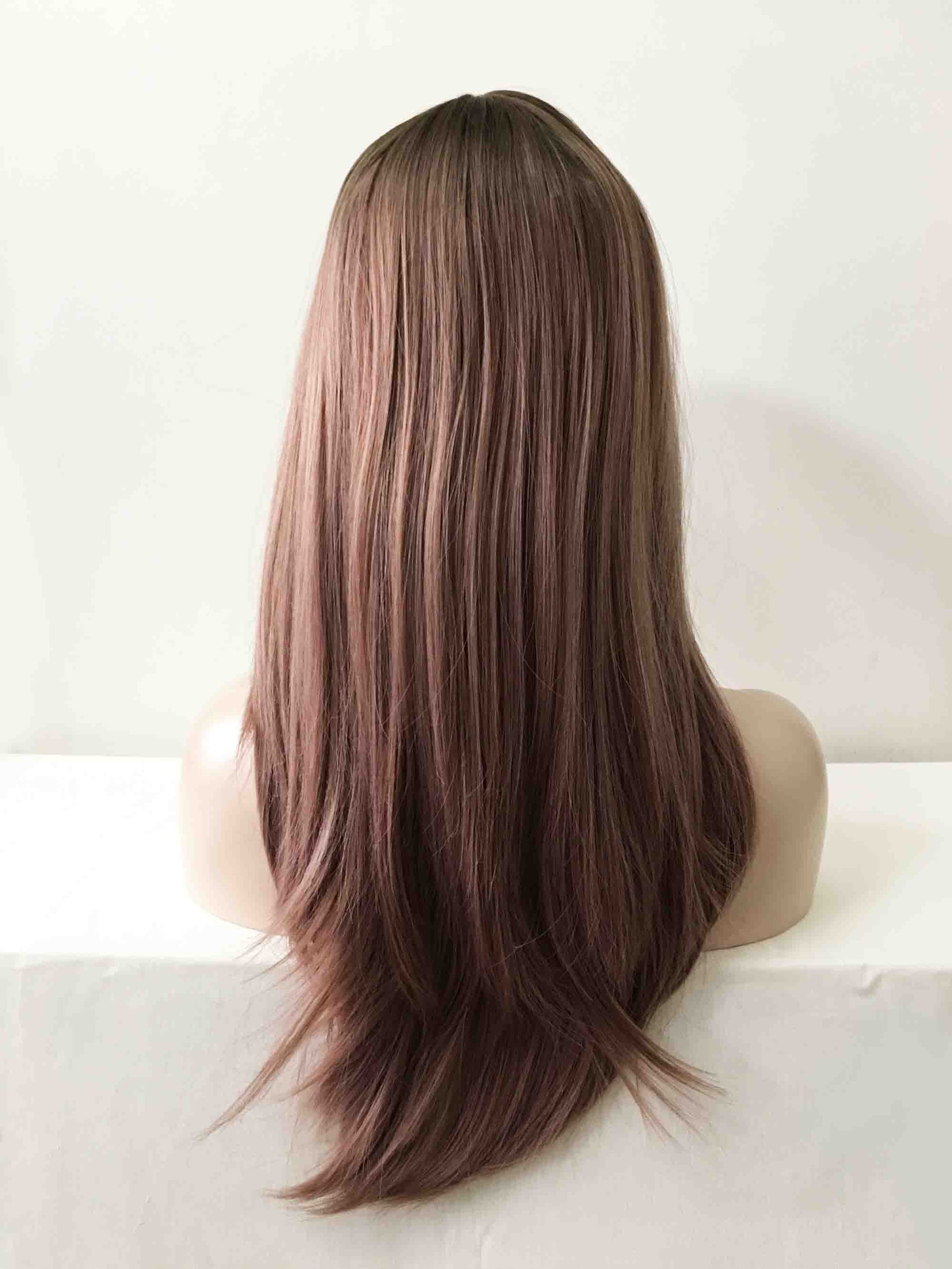 nevermindyrhead Women Dusty Pink Ombre Long Straight Fringe Bangs Layered Wig