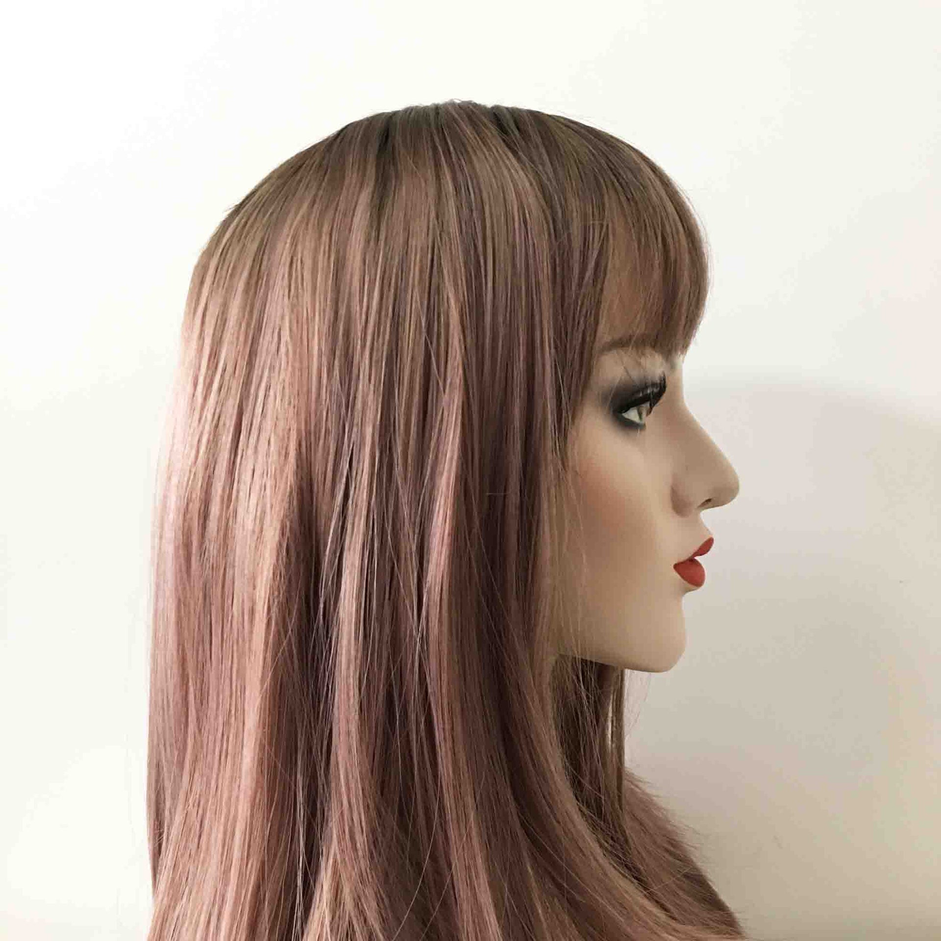 nevermindyrhead Women Dusty Pink Ombre Long Straight Fringe Bangs Layered Wig