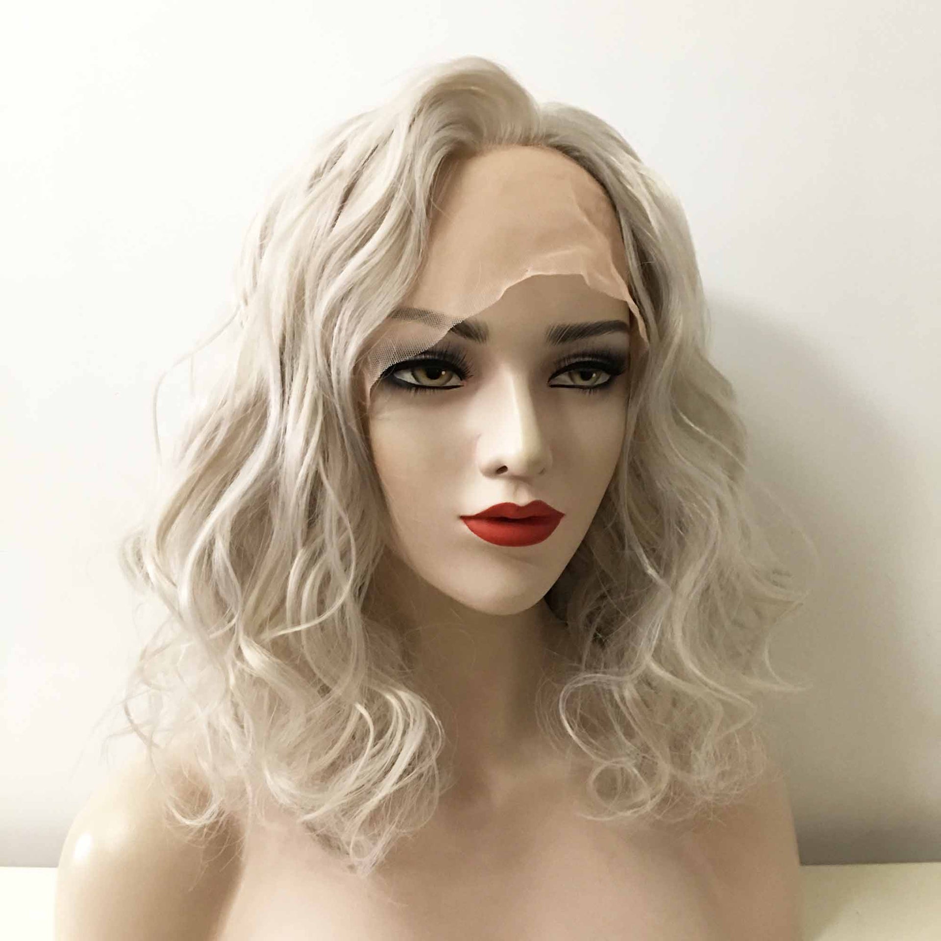 nevermindyrhead Women Gray Lace Front Medium Length Curly Fluffy Side Part Wig