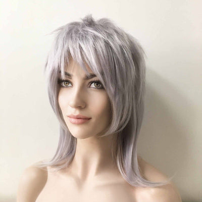 Women Gray Medium-Length Wolf Cut Straight Fringe Bangs Punk Mullet Cosplay Wig