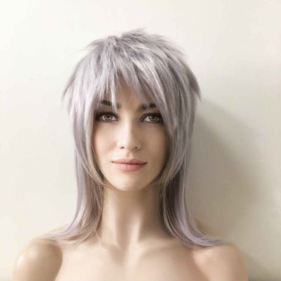 Women Gray Medium-Length Wolf Cut Straight Fringe Bangs Punk Mullet Cosplay Wig