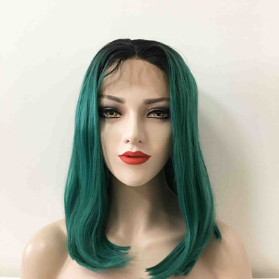Women Green Dark Root Lace Front Medium Length Straight Middle Part Wig