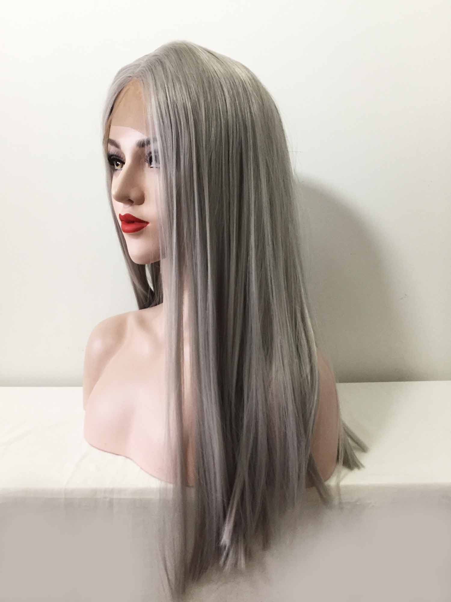 nevermindyrhead Women Grey Lace Front Middle Part Long Straight Choppy End Wig 20inches