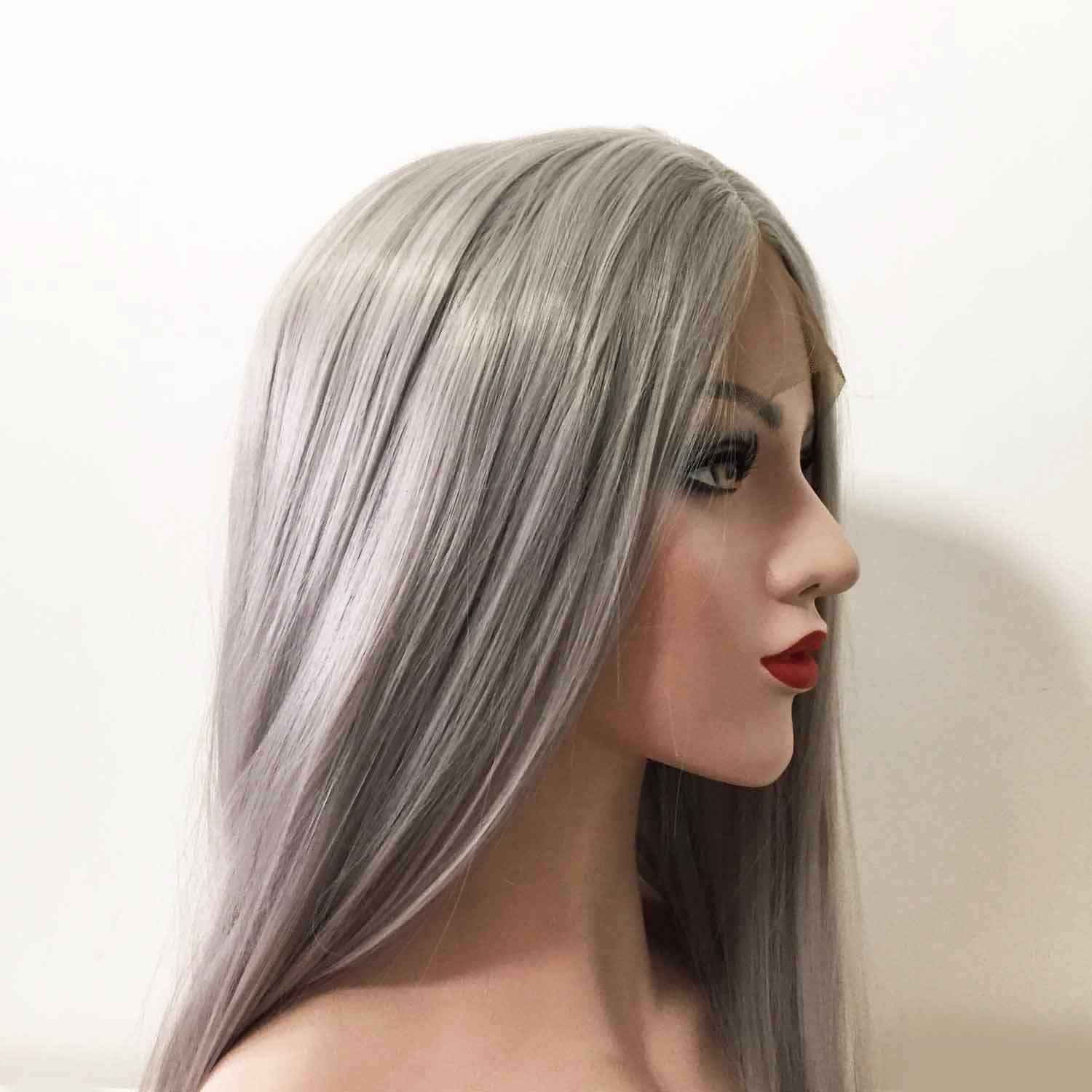 nevermindyrhead Women Grey Lace Front Middle Part Long Straight Choppy End Wig 20inches