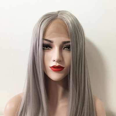 Women Gray Lace Front Long Straight Middle Part Blunt Cut Wig