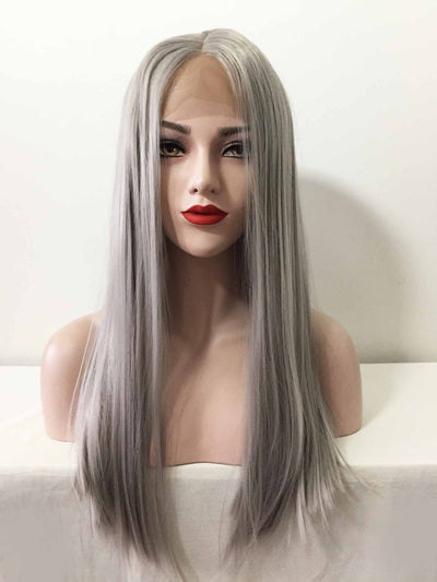 Women Gray Lace Front Long Straight Middle Part Blunt Cut Wig